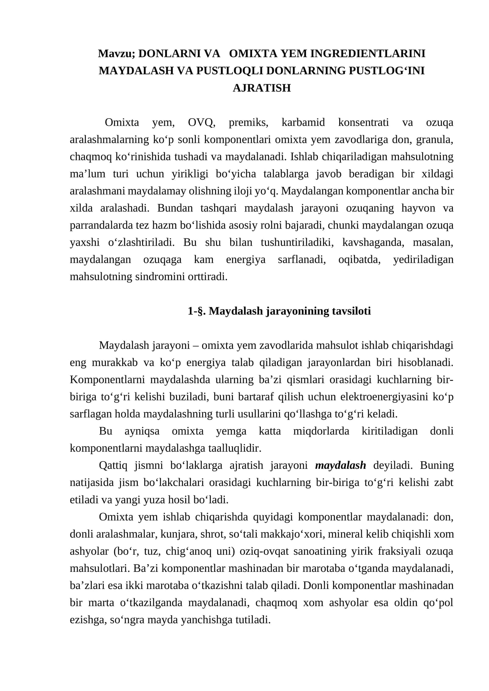 DONLARNI VA OMIXTA YEM INGREDIENTLARINI MAYDALASH VA PUSTLOQLI DONLARNING PUSTLOG‘INI AJRATISH 1
