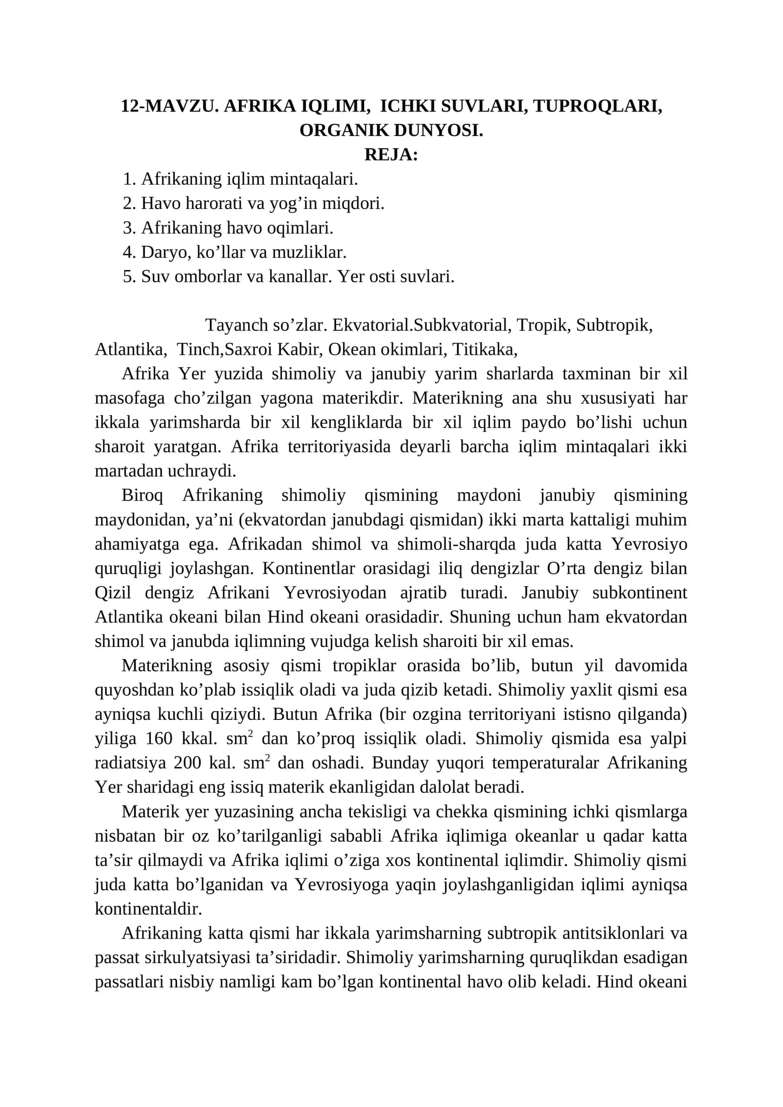AFRIKA IQLIMI, ICHKI SUVLARI, TUPROQLARI, ORGANIK DUNYOSI 1
