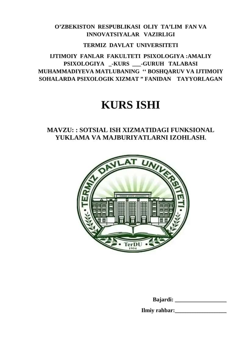 SOTSIAL ISH XIZMATIDAGI FUNKSIONAL YUKLAMA VA MAJBURIYATLARNI IZOHLASH. 1