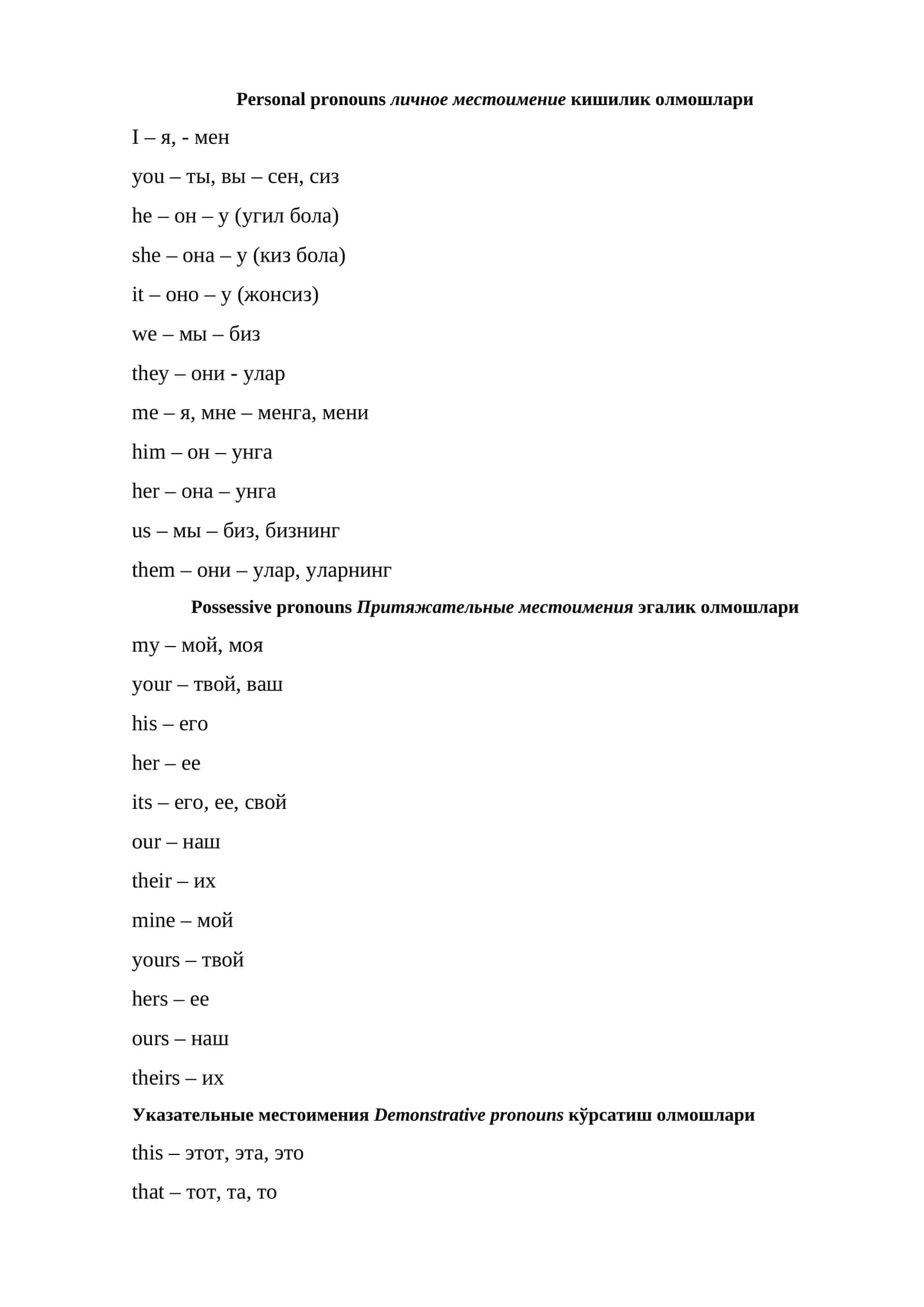 Personal pronouns личное местоимение кишилик олмошлари 1