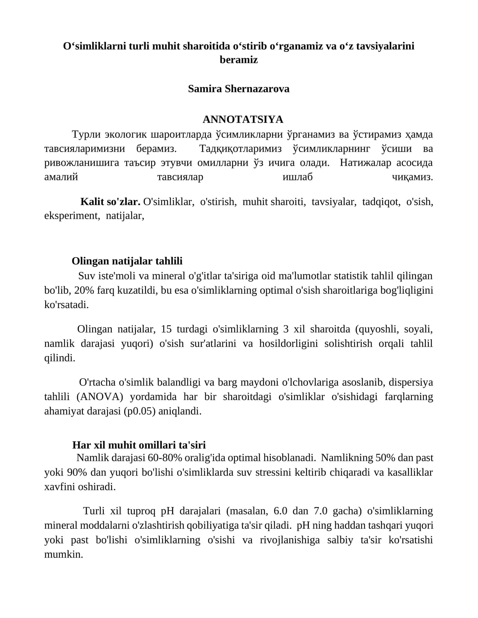 Turli ekologik sharoitlarda o‘simliklarni o‘stirish 1