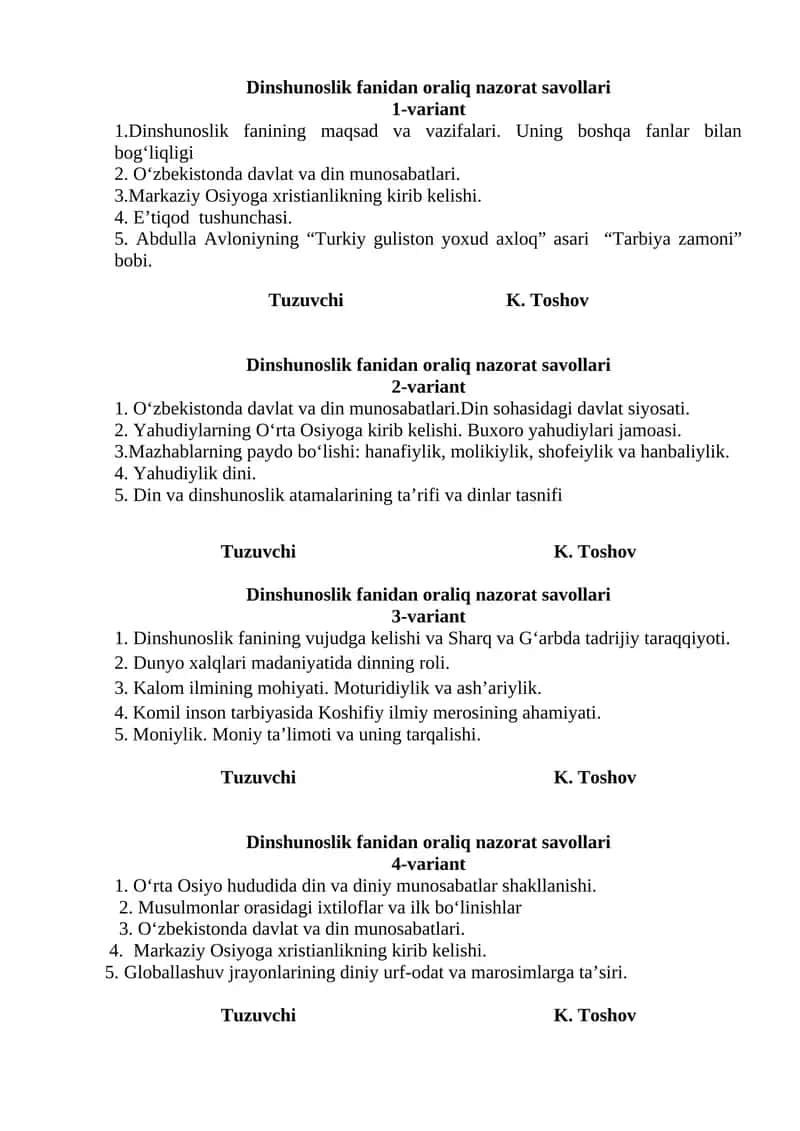 Dinshunoslik fanidan oraliq nazorat savollari 1