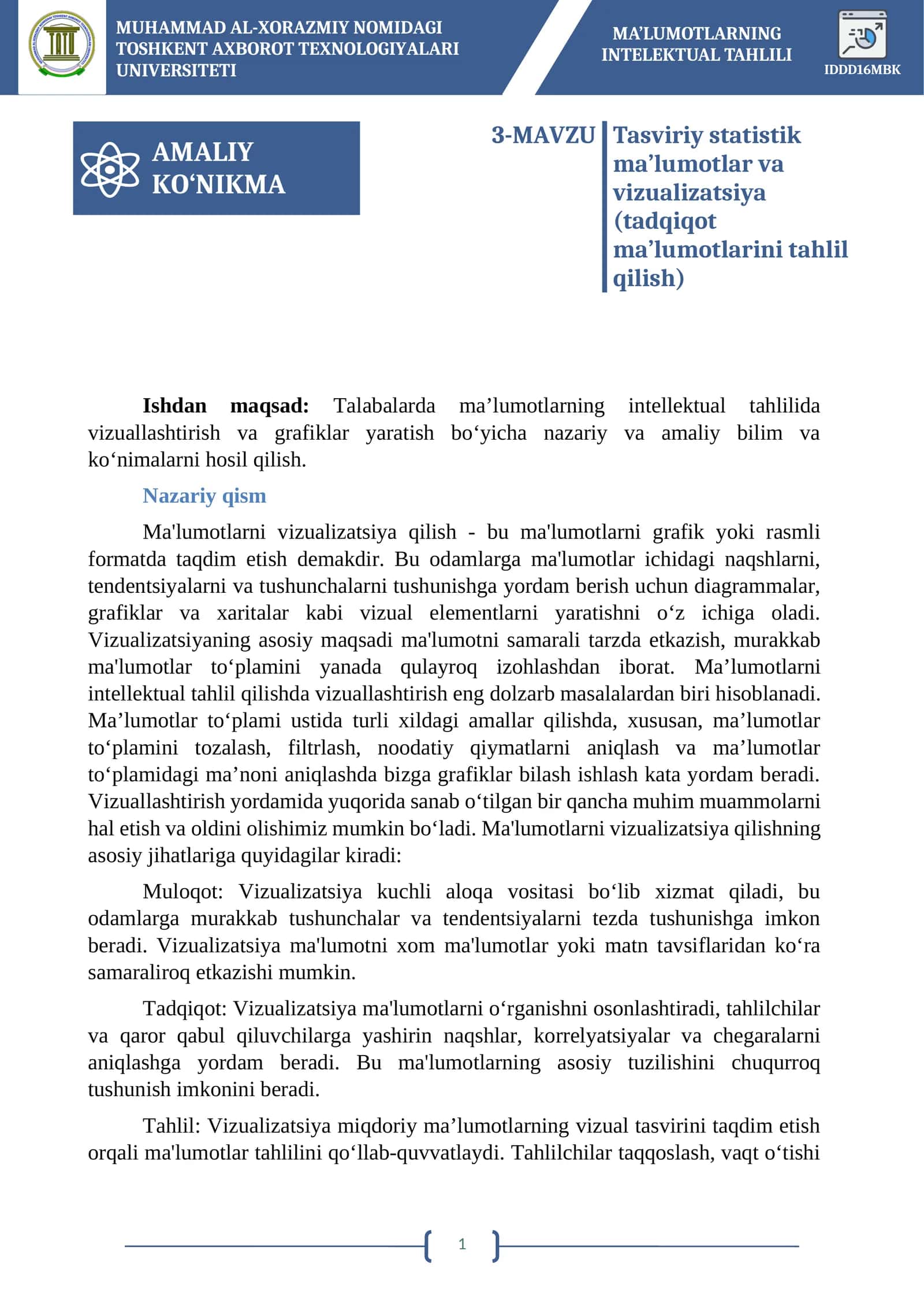 MA’LUMOTLARNING INTELEKTUAL TAHLILI 1