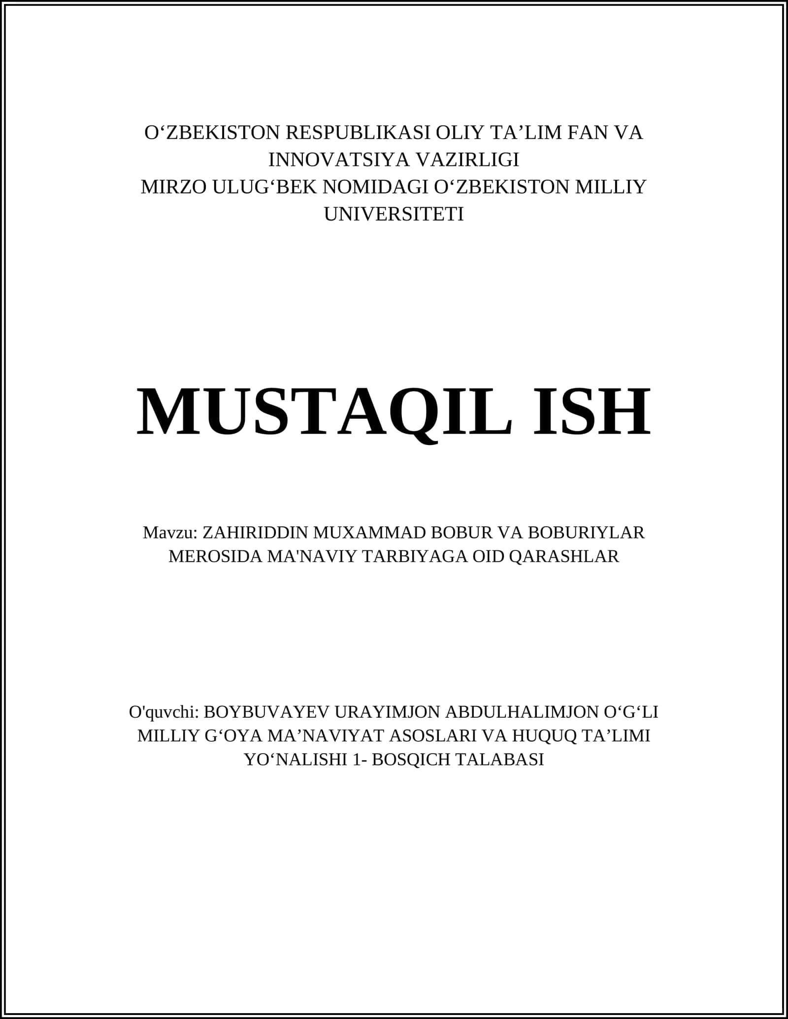 ZAHIRIDDIN MUXAMMAD BOBUR VA BOBURIYLAR MEROSIDA MA'NAVIY TARBIYAGA OID QARASHLAR 1