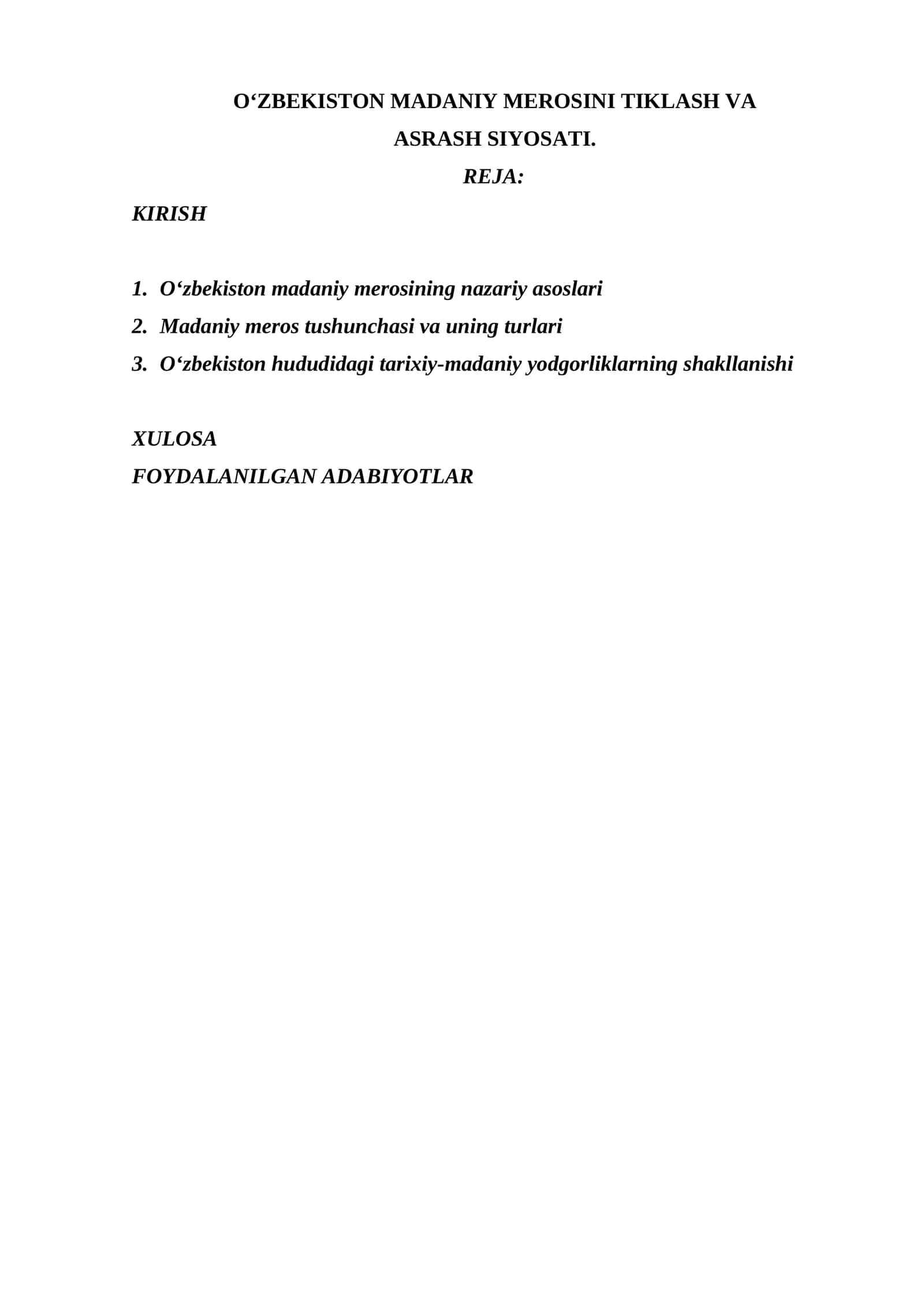 O‘ZBEKISTON MADANIY MEROSINI TIKLASH VA ASRASH SIYOSATI. 1