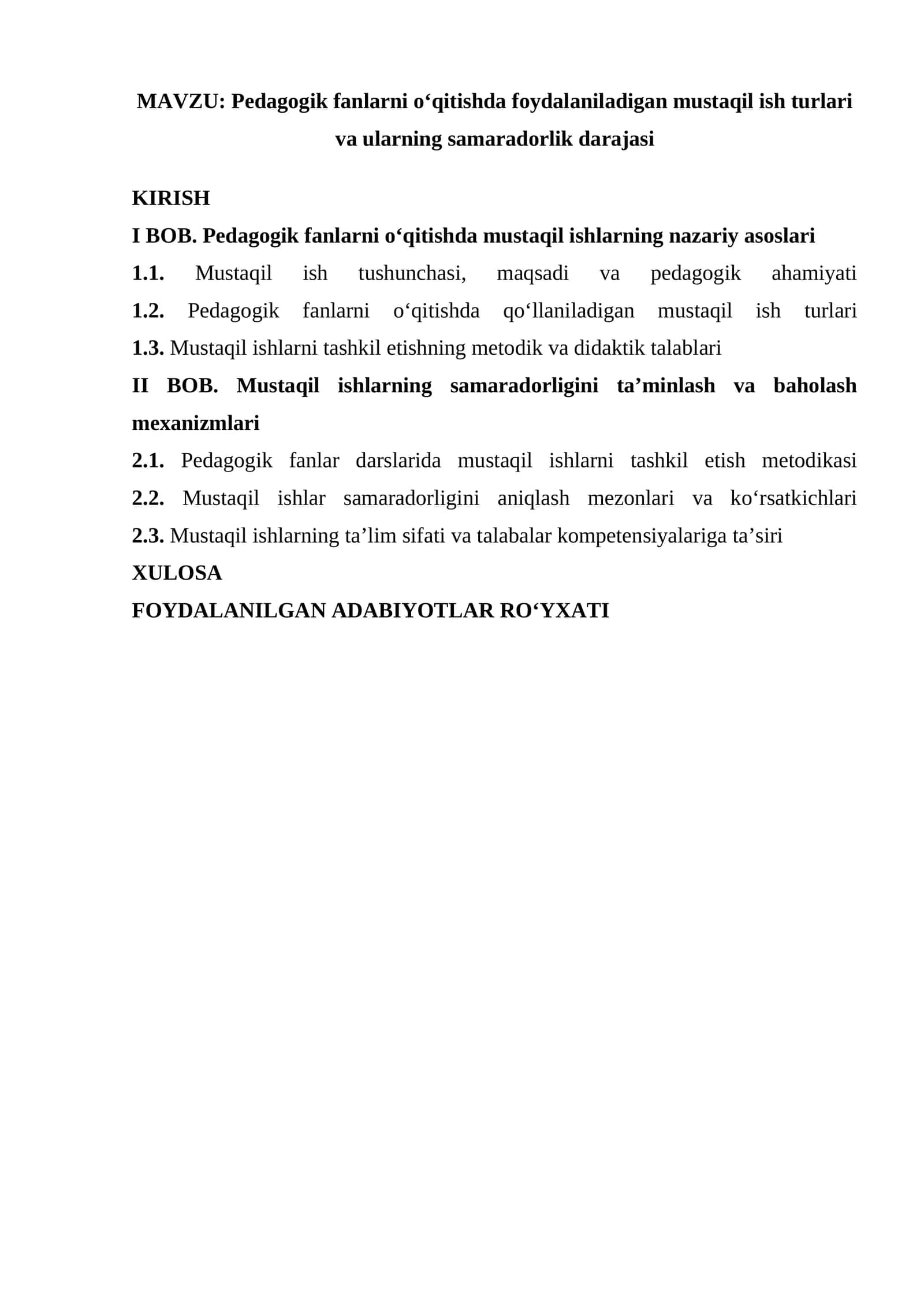 PEDAGOGIK FANLARNI O'QITISHDA FOYDALANILADIGAN MUSTAQIL ISH TURLARI VA ULARNING SAMARADORLIK DARAJASI 1