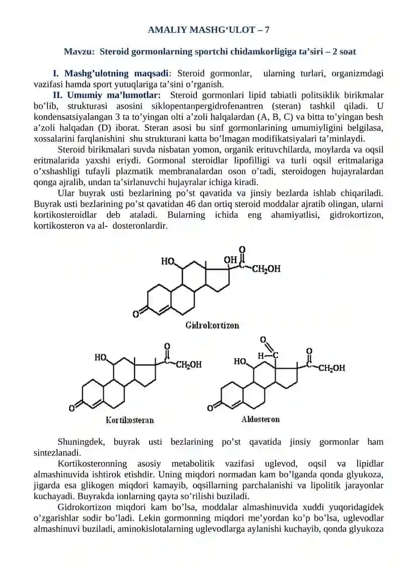 Steroid gormonlarning sportchi chidamkorligiga ta'siri