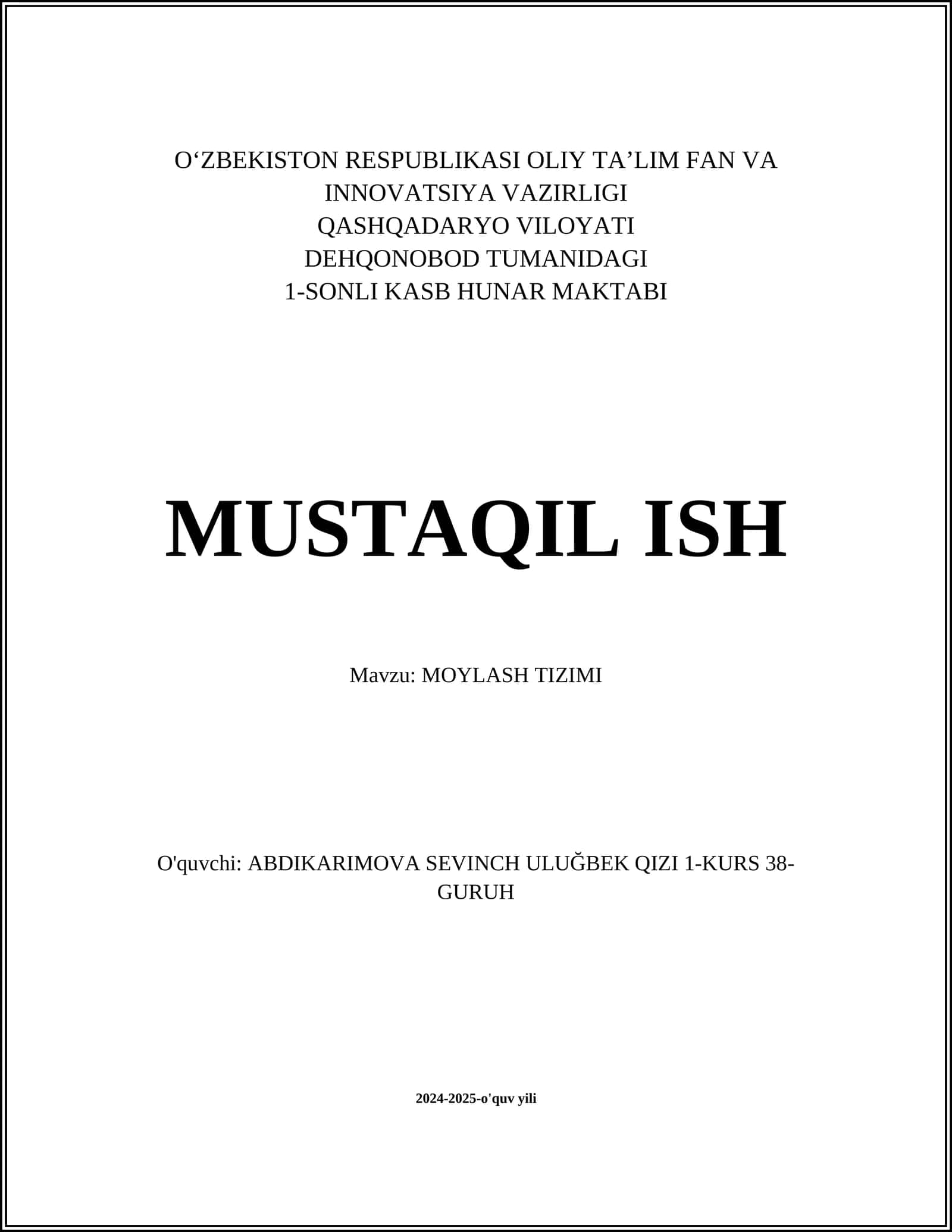 MOYLASH TIZIMI 1
