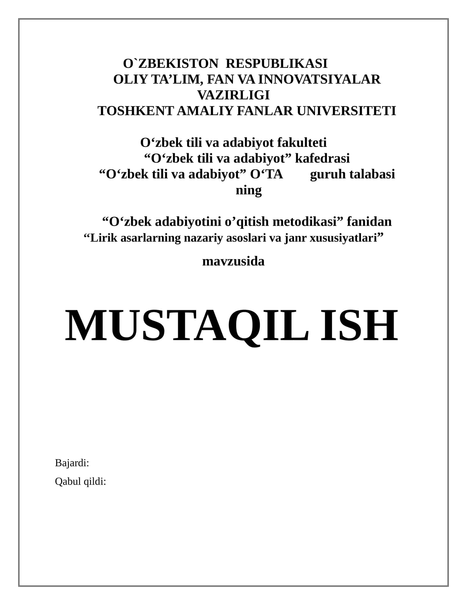 Lirik asarlarning nazariy asoslari va janr xususiyatlari 1