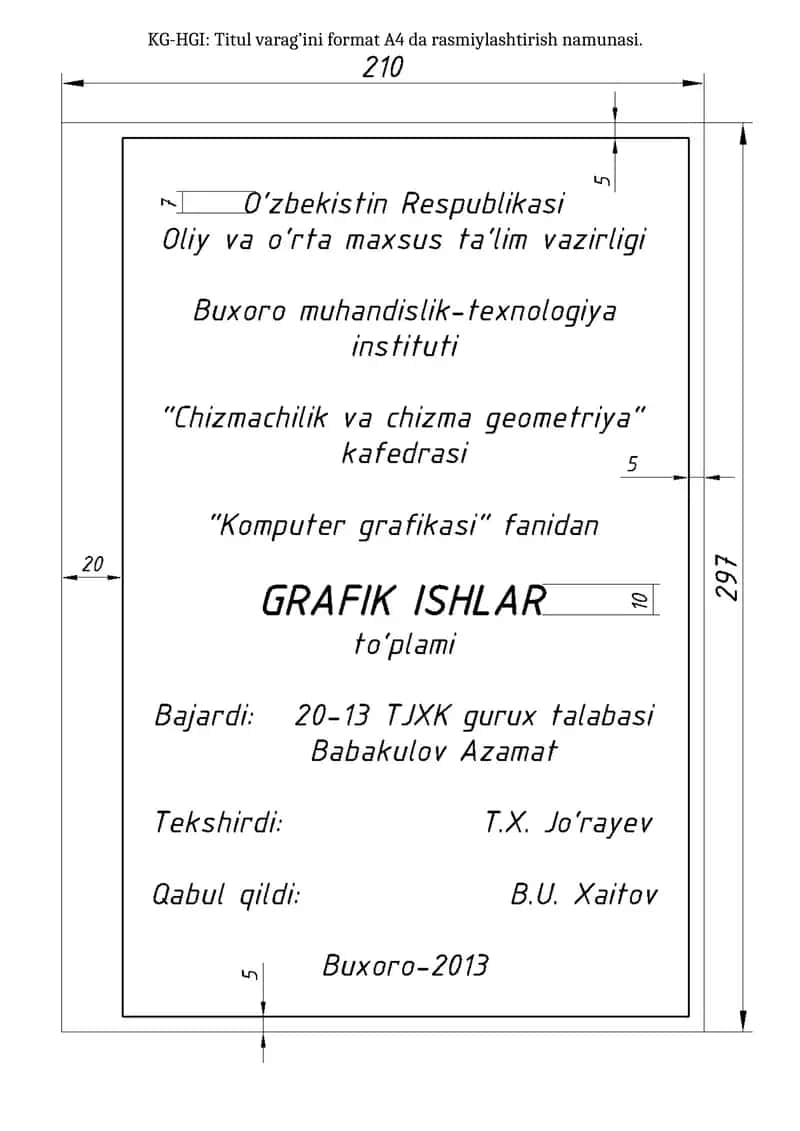 KG-HGI: Titul varag’ini format A4 da rasmiylashtirish namunasi 1