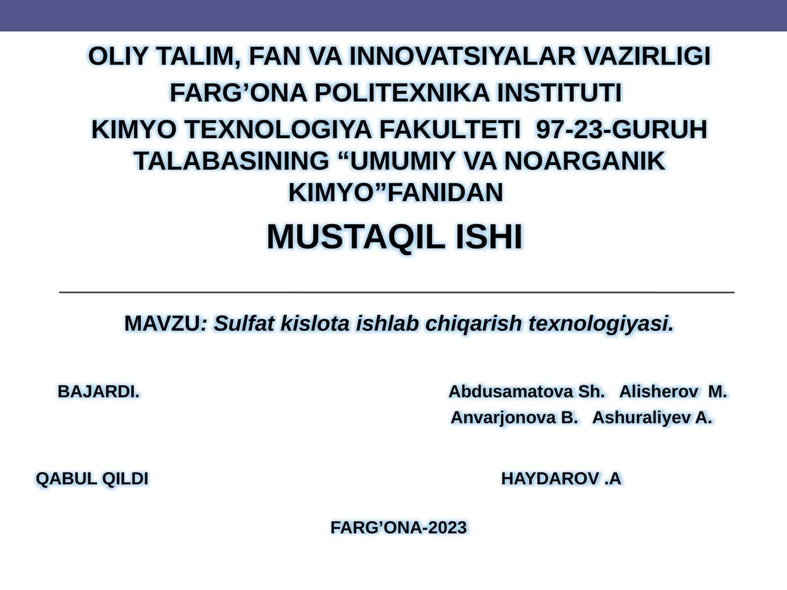 Sulfatkislota ishlab chiqarish texnologiyasi 1