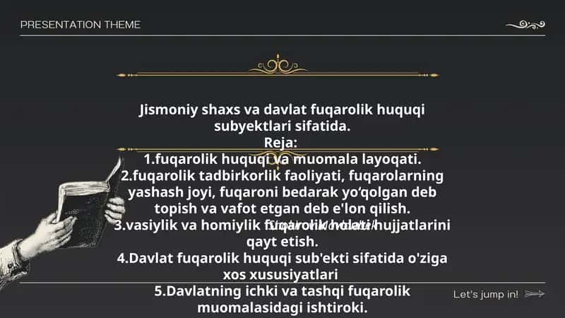 Jismoniy shaxs va davlat fuqarolik huquqi subyektlari sifatida. 1