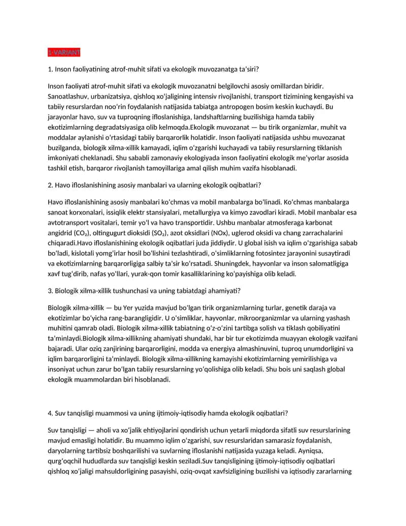 Inson Faoliyatining Atrof-muhit Sifati va Ekologik Muvozanatga Ta'siri 1