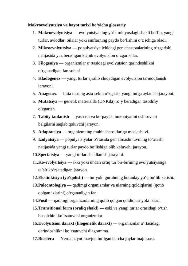 Makroevolyutsiya va hayot tarixi bo‘yicha glossariy 1