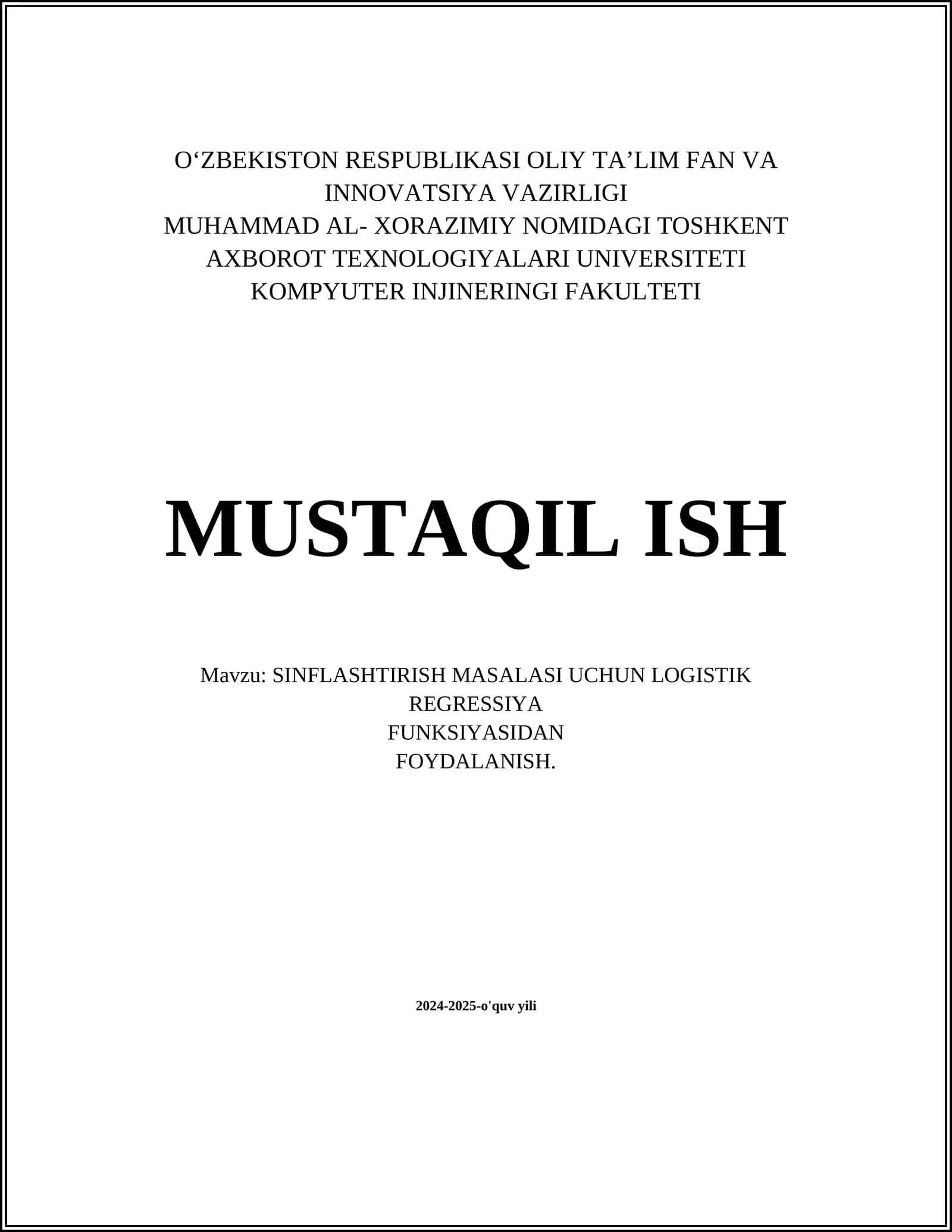 SINFLASHTIRISH MASALASI UCHUN LOGISTIK REGRESSIYA FUNKSIYASIDAN FOYDALANISH 1