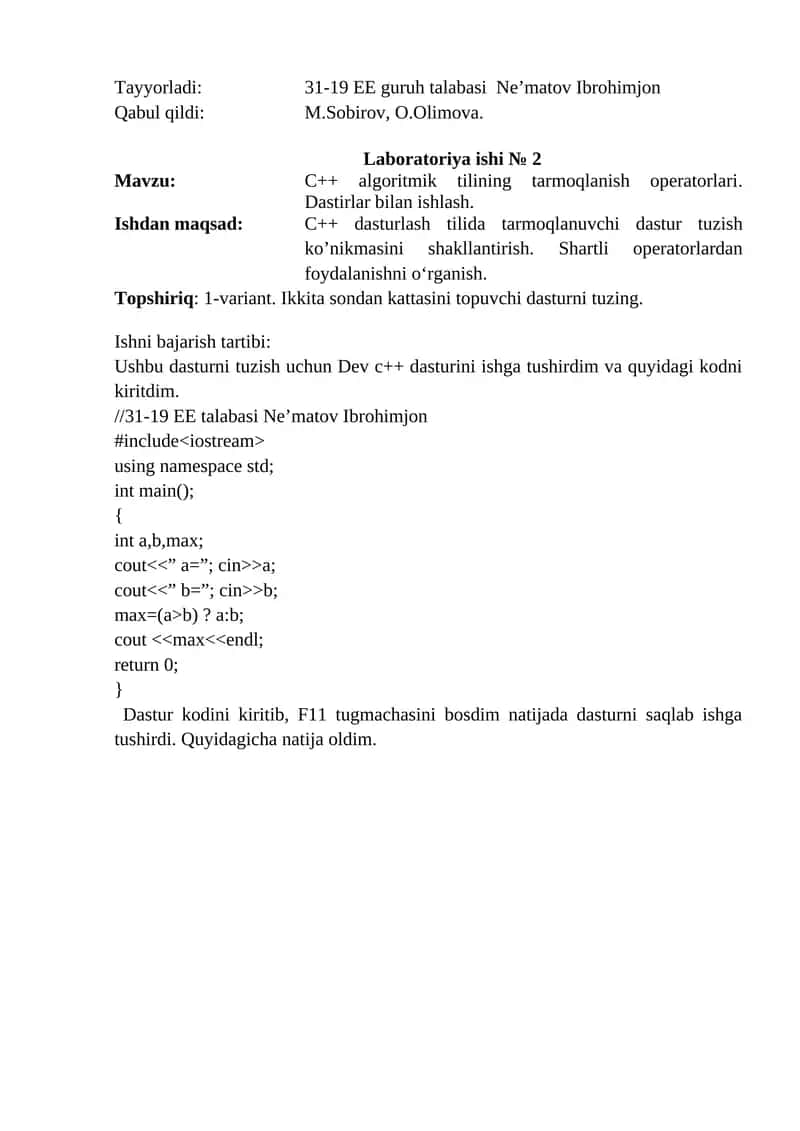 C++ algoritmik tilining tarmoqlanish operatorlari 1