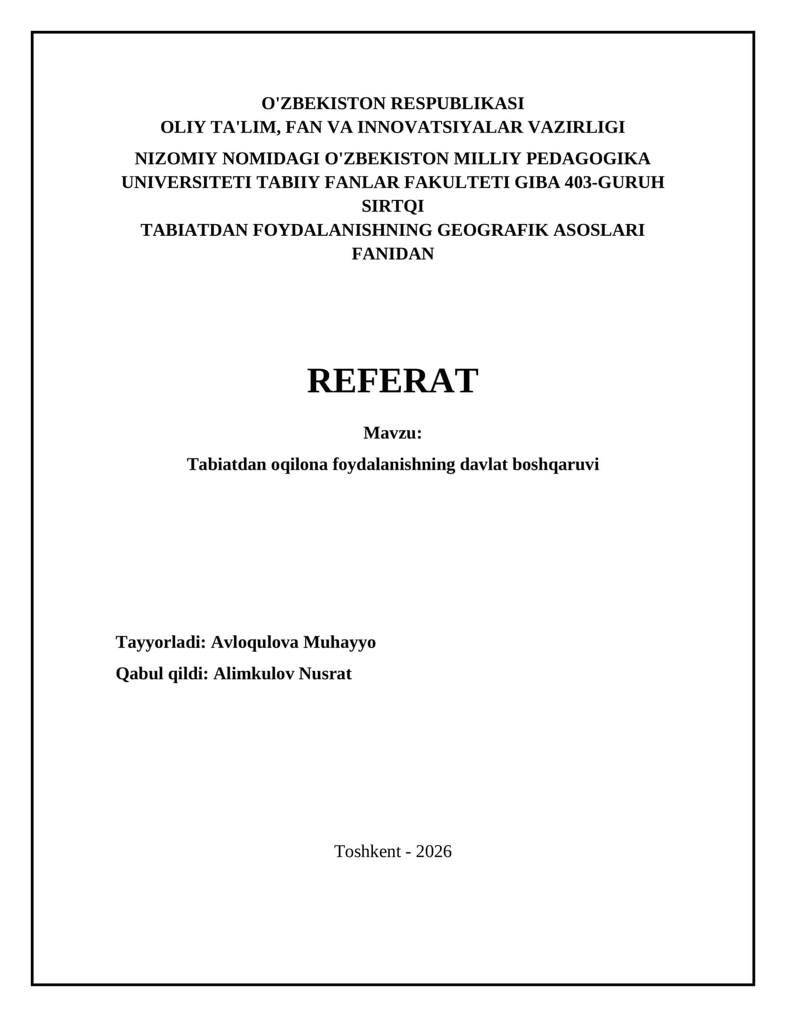 Tabiatdan oqilona foydalanishning davlat boshqaruvi 1
