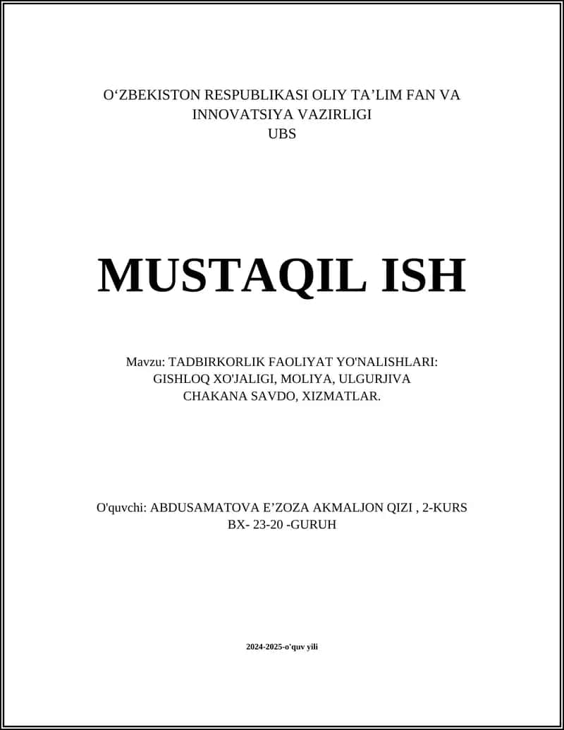 TADBIRKORLIK FAOLIYAT YO'NALISHLARI 1