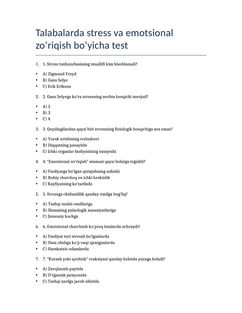 Talabalarda stress va emotsional zo‘riqish bo‘yicha test 1