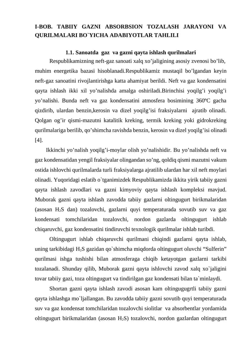 Gazni absorbsion tozalash jarayoni va qurilmalari bo`yicha adabiyotlar tahlili 1