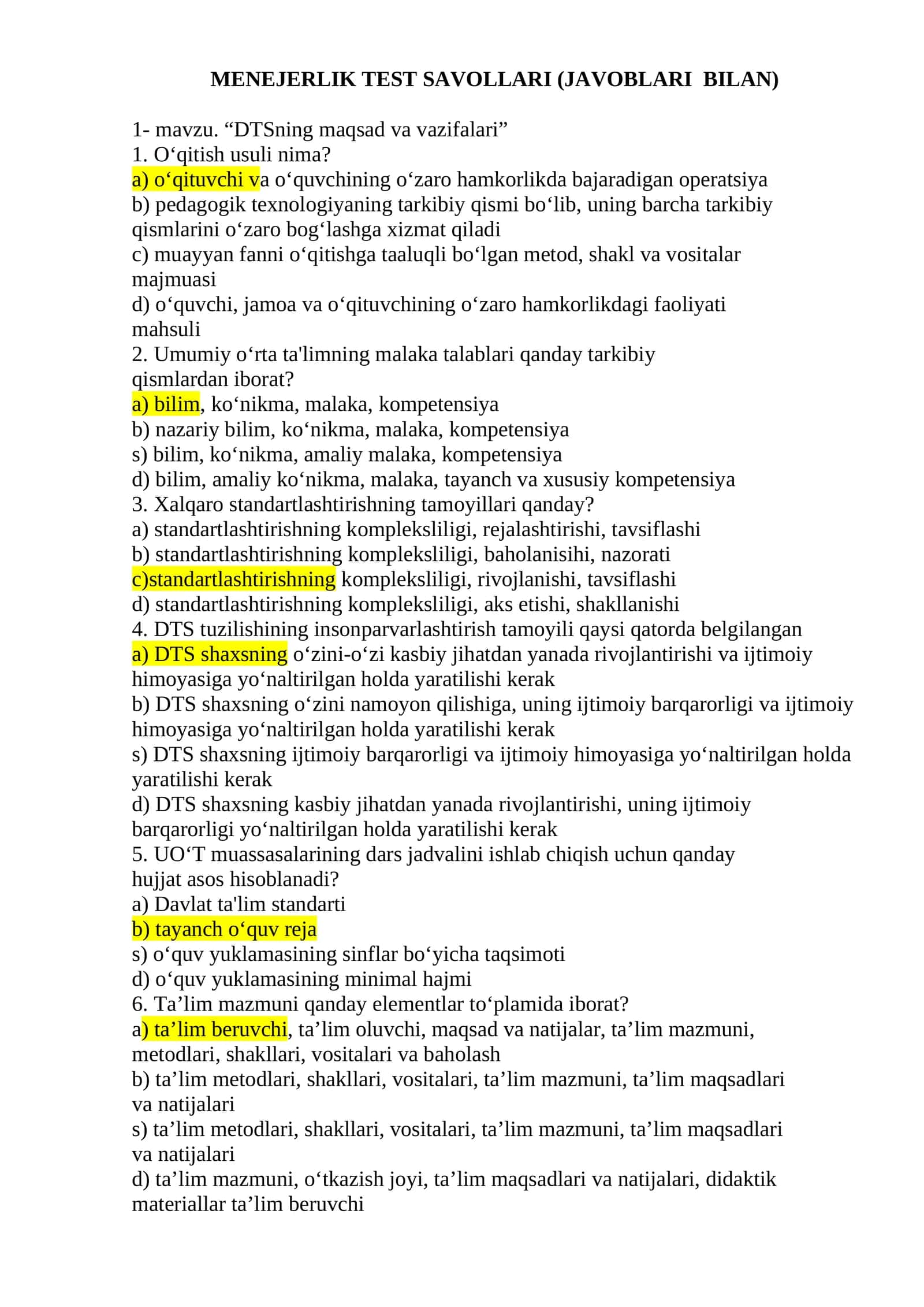 MENEJERLIK TEST SAVOLLARI (JAVOBLARI BILAN) 1