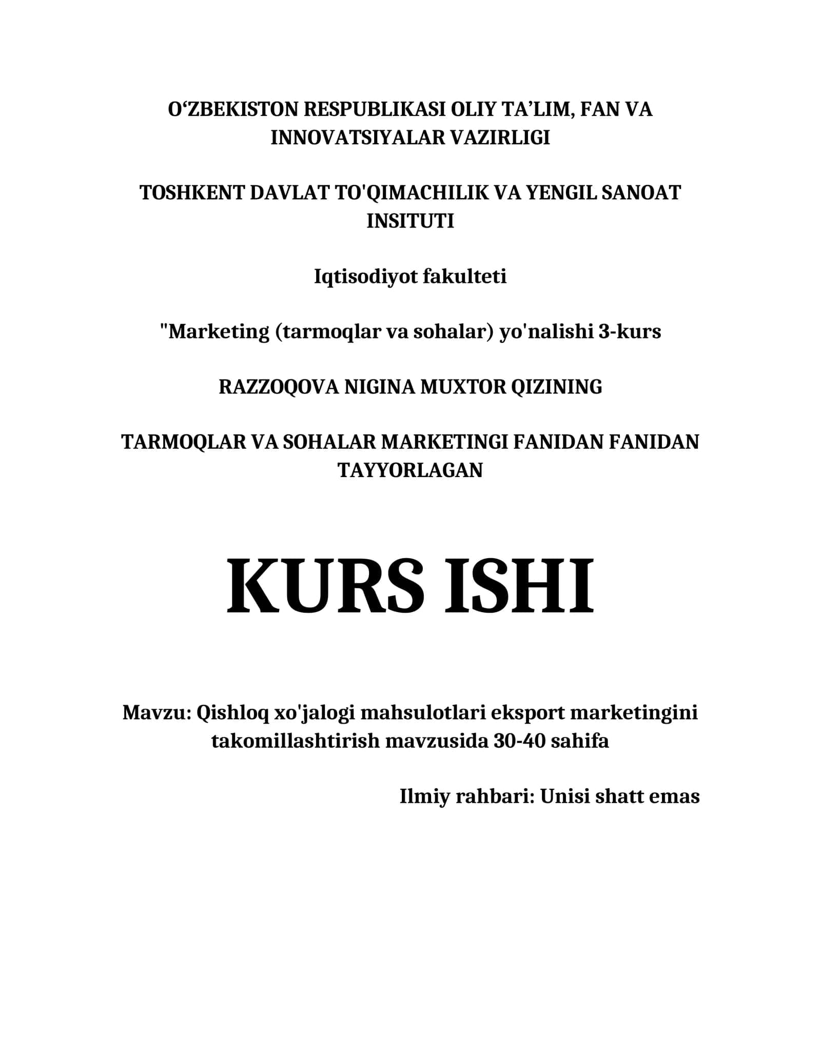 Qishloq xo'jalogi mahsulotlari eksport marketingini takomillashtirish mavzusida 30-40 sahifa 1