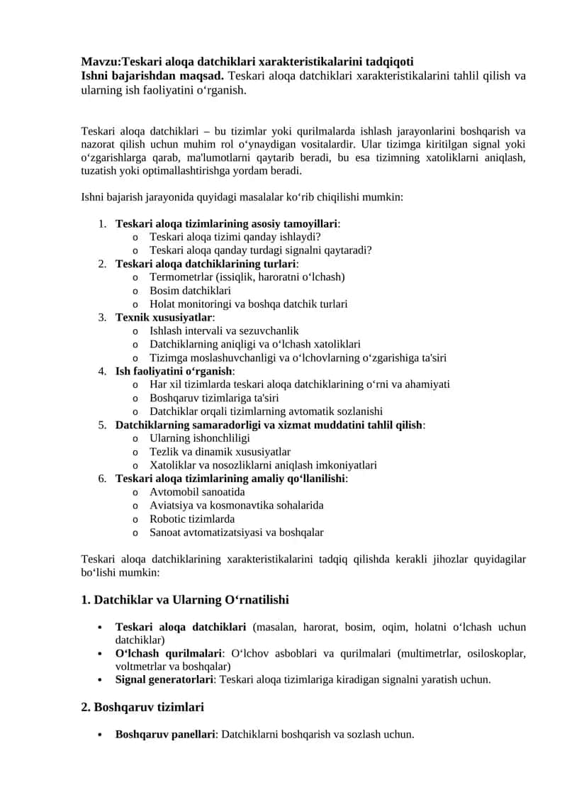 Teskari aloqa datchiklari xarakteristikalarini tadqiqoti 1