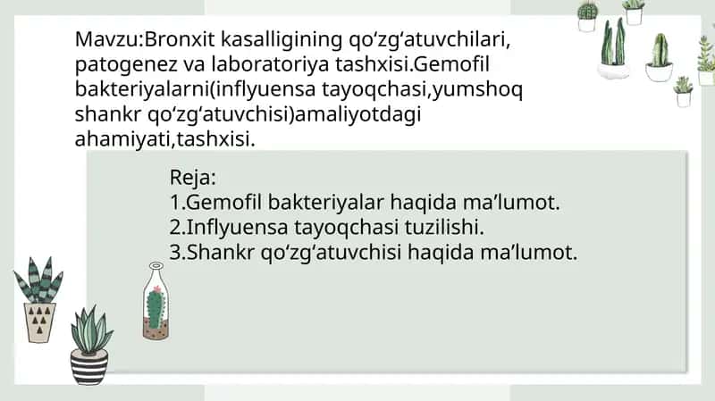 Bronxit kasalligining qo‘zg‘atuvchilari, patogenez va laboratoriya tashxisi.Gemofil bakteriyalarni(inflyuensa tayoqchasi,yumshoq shankr qo‘zg‘atuvchisi)amaliyotdagi ahamiyati,tashxisi. 1