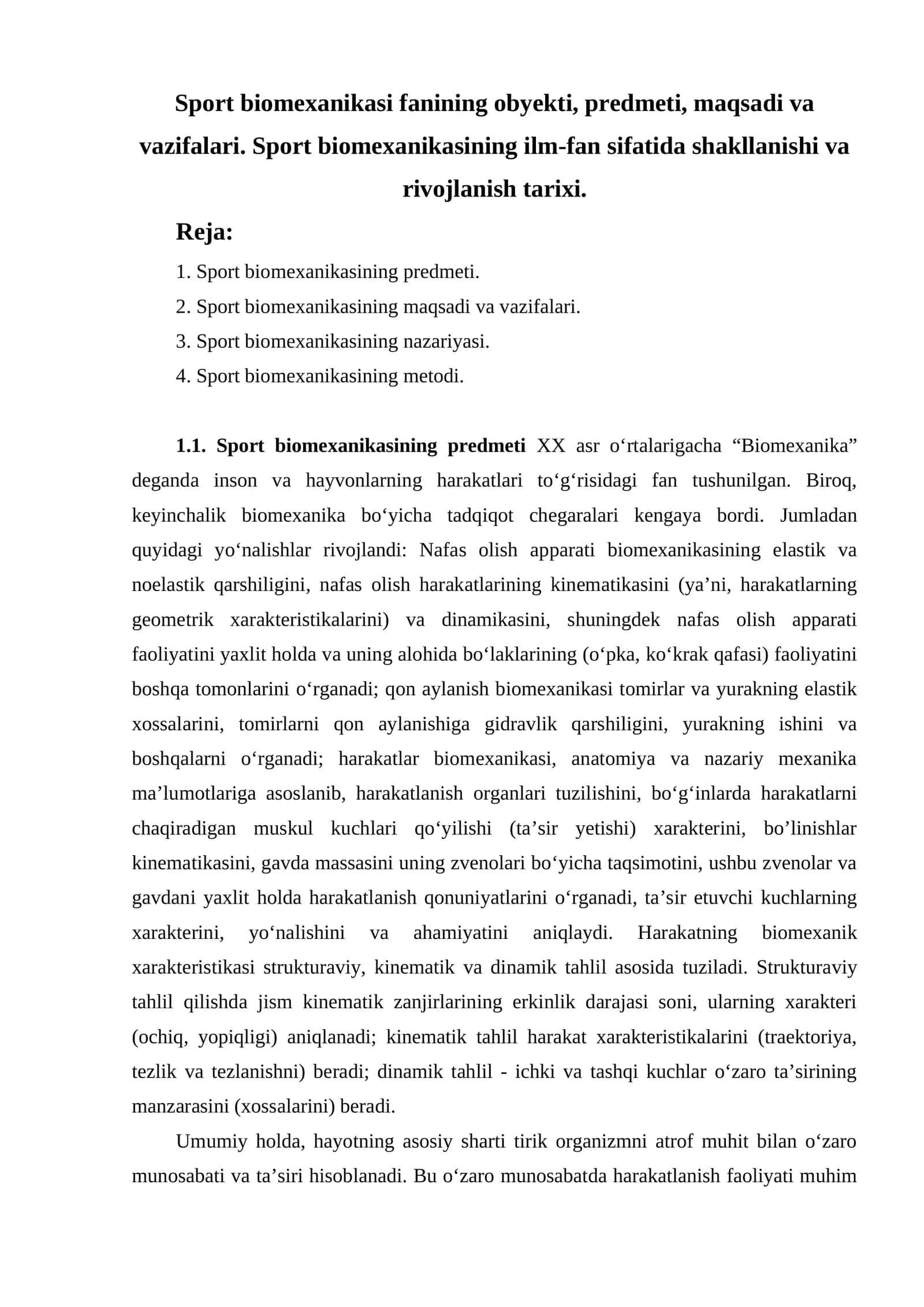 Sport biomexanikasi fanining obyekti, predmeti, maqsadi va vazifalari 1
