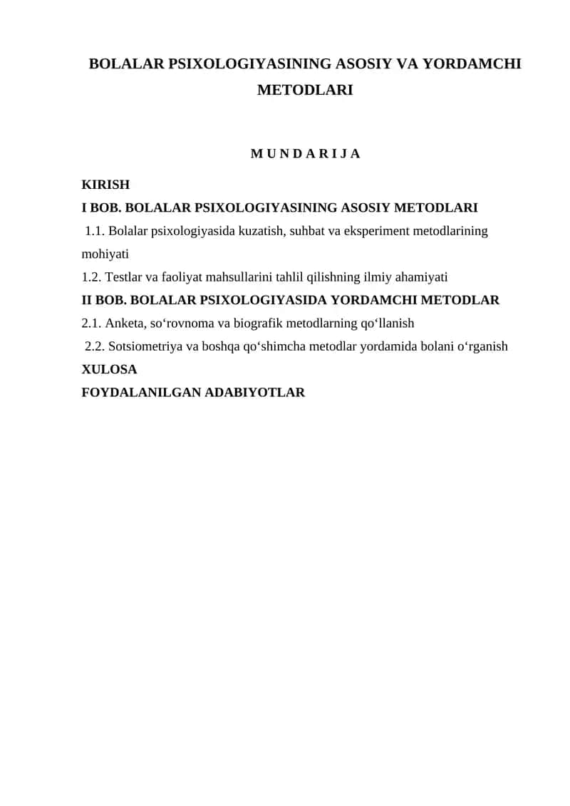 Bolalar psixologiyasining asosiy va yordamchi metodlari 1
