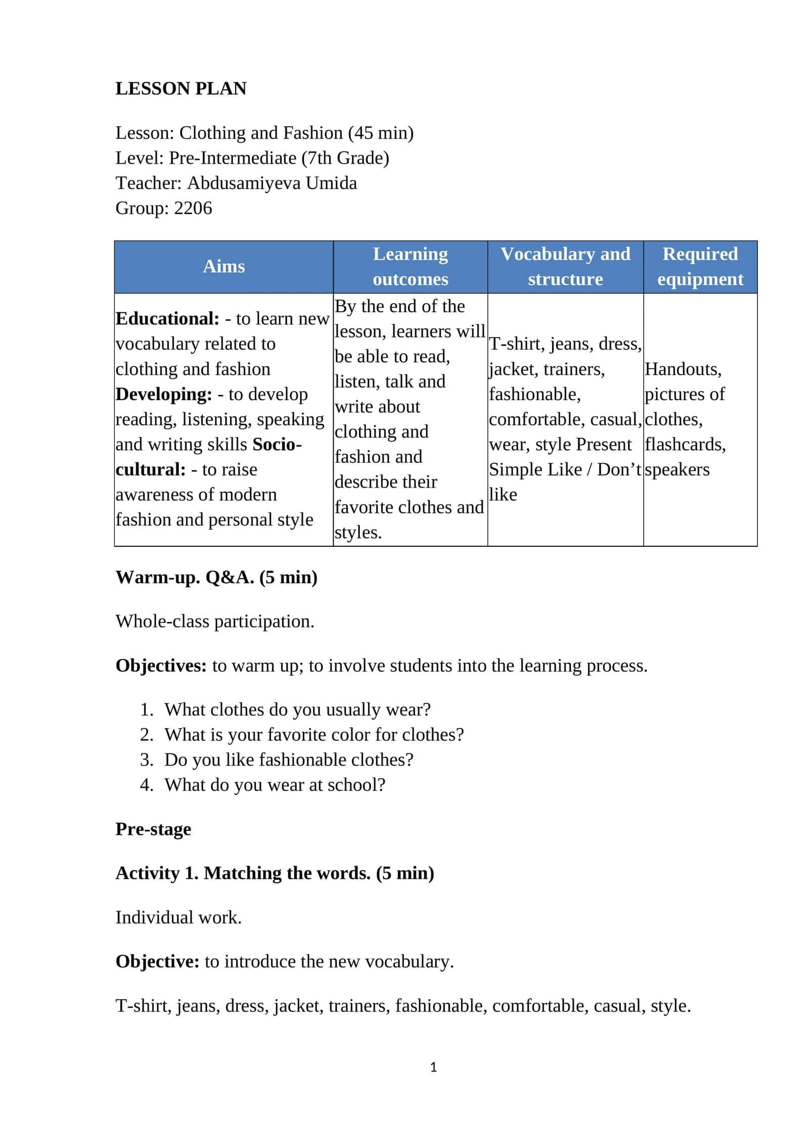 LESSON PLAN: Clothing and Fashion 1