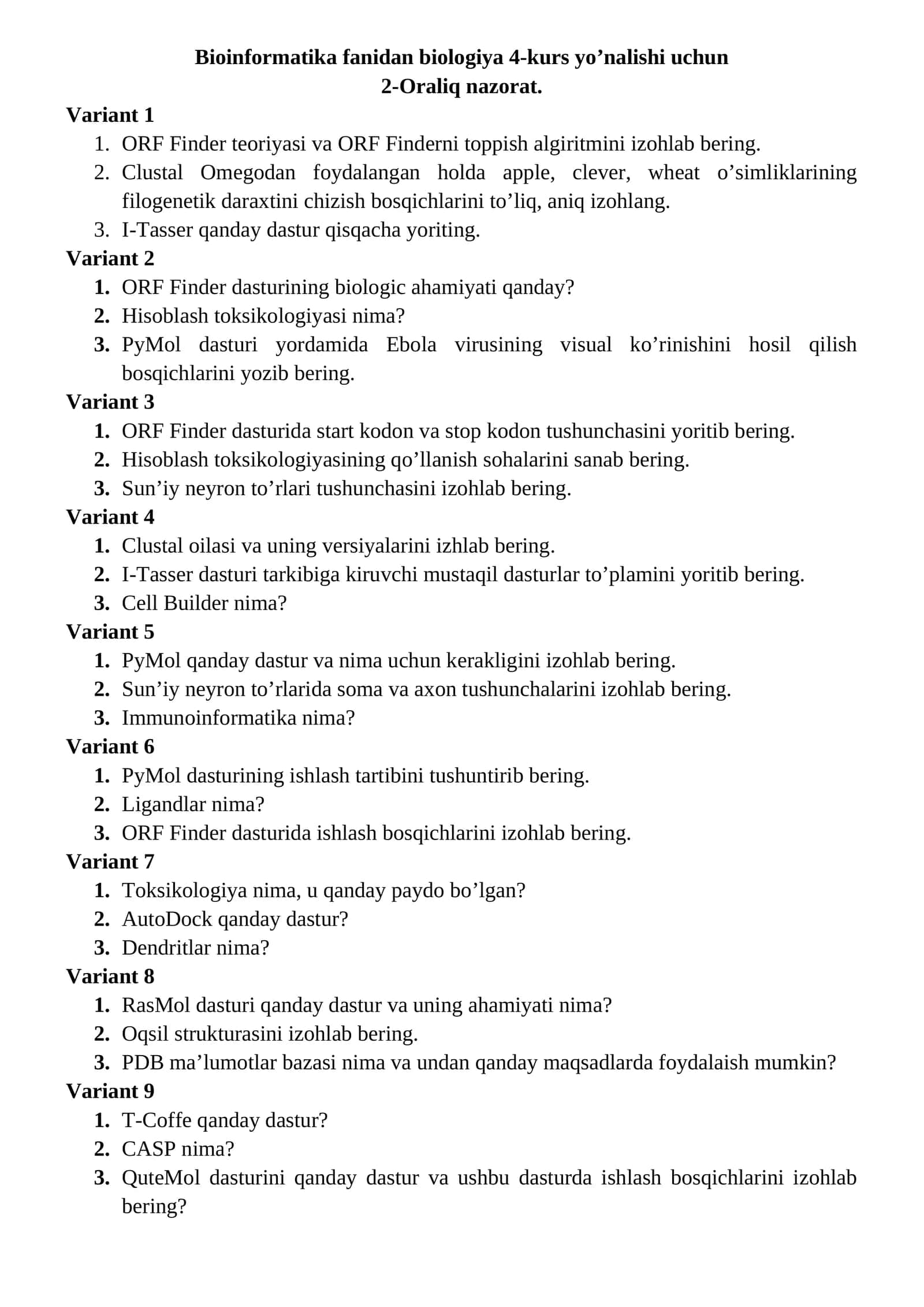 Bioinformatika fanidan biologiya 4-kurs yo’nalishi uchun 1