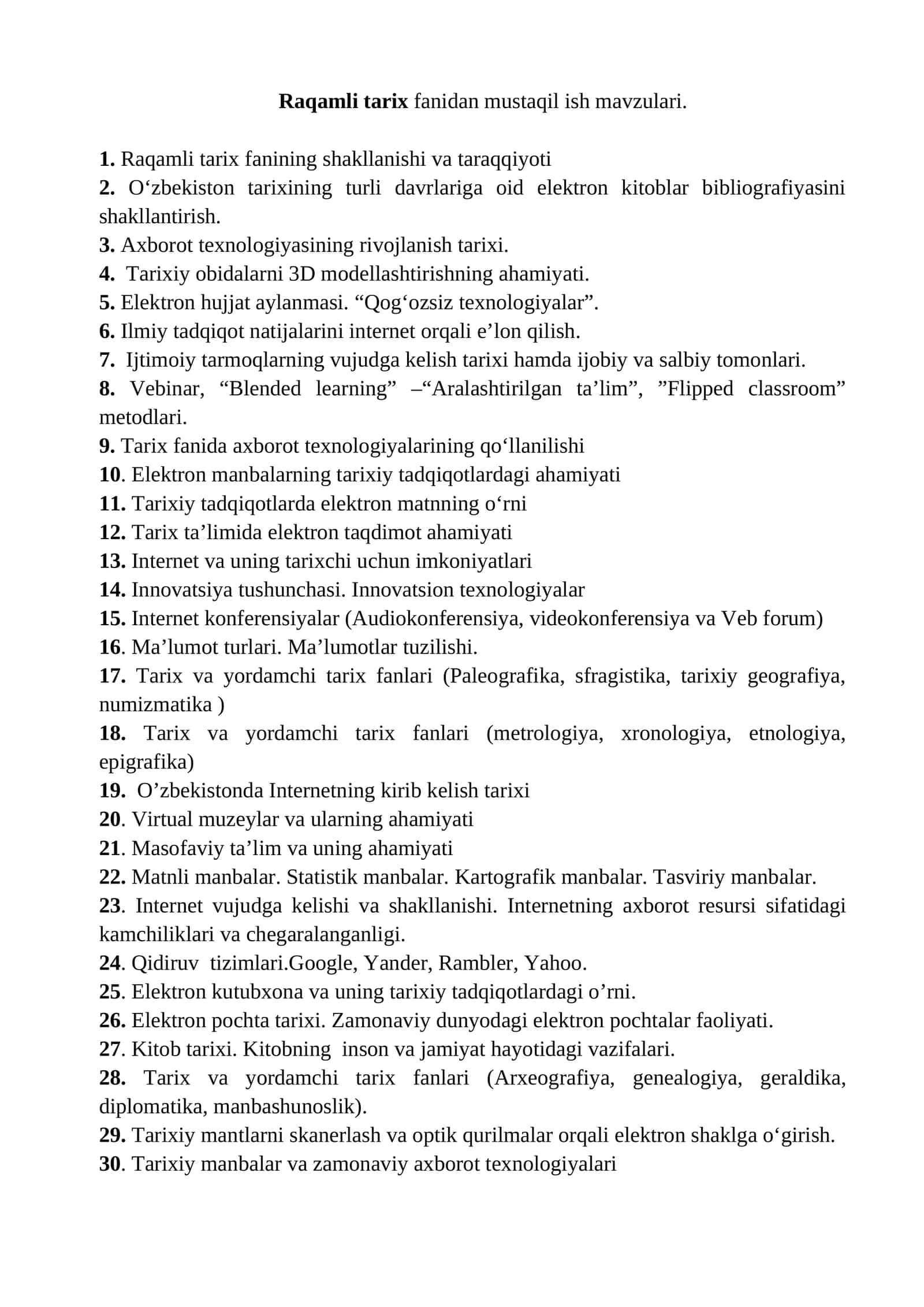 Raqamli tarix fanidan mustaqil ish mavzulari 1