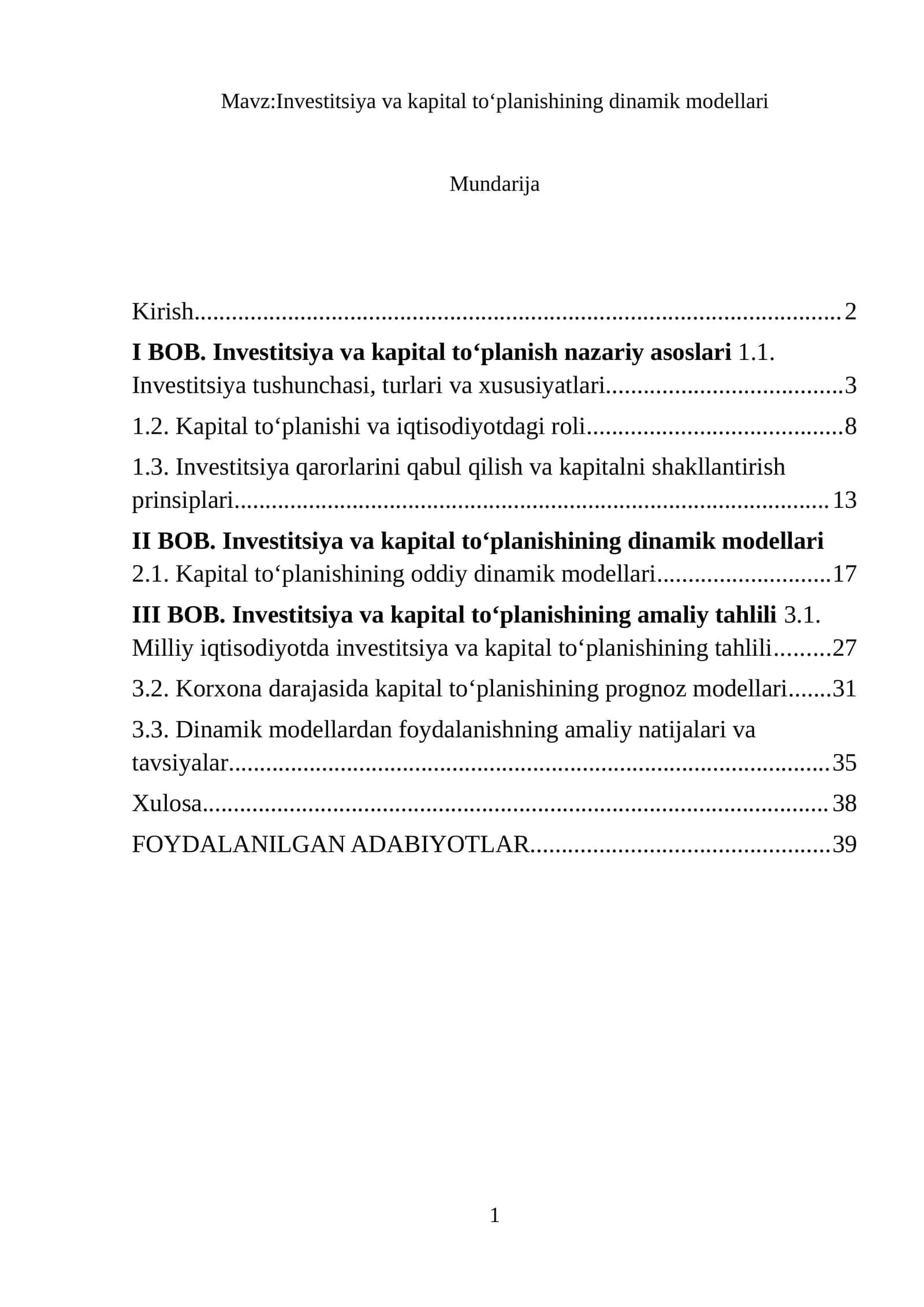Investitsiya va kapital toʻplanishining dinamik modellari 1