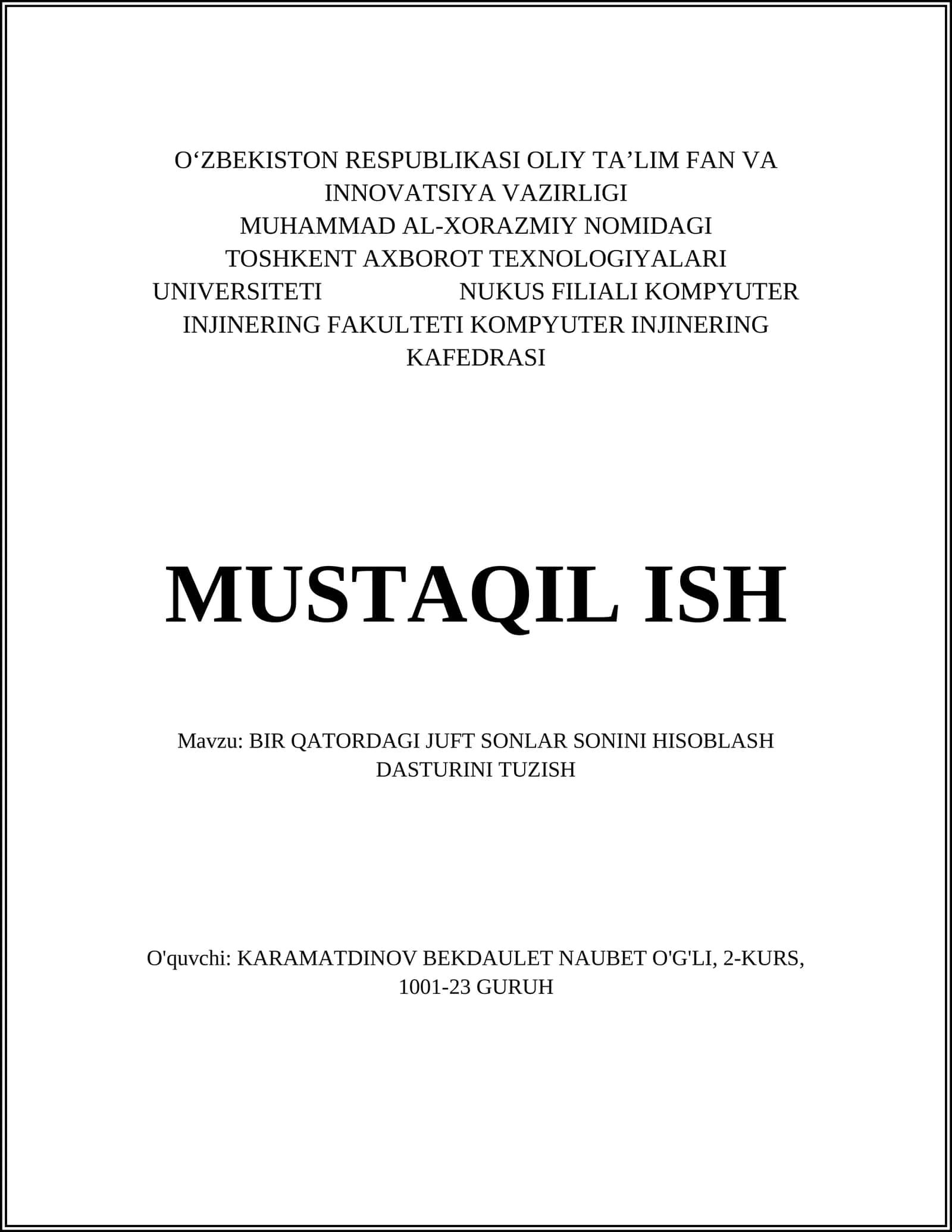 BIR QATORDAGI JUFT SONLAR SONINI HISOBLASH DASTURINI TUZISH 1
