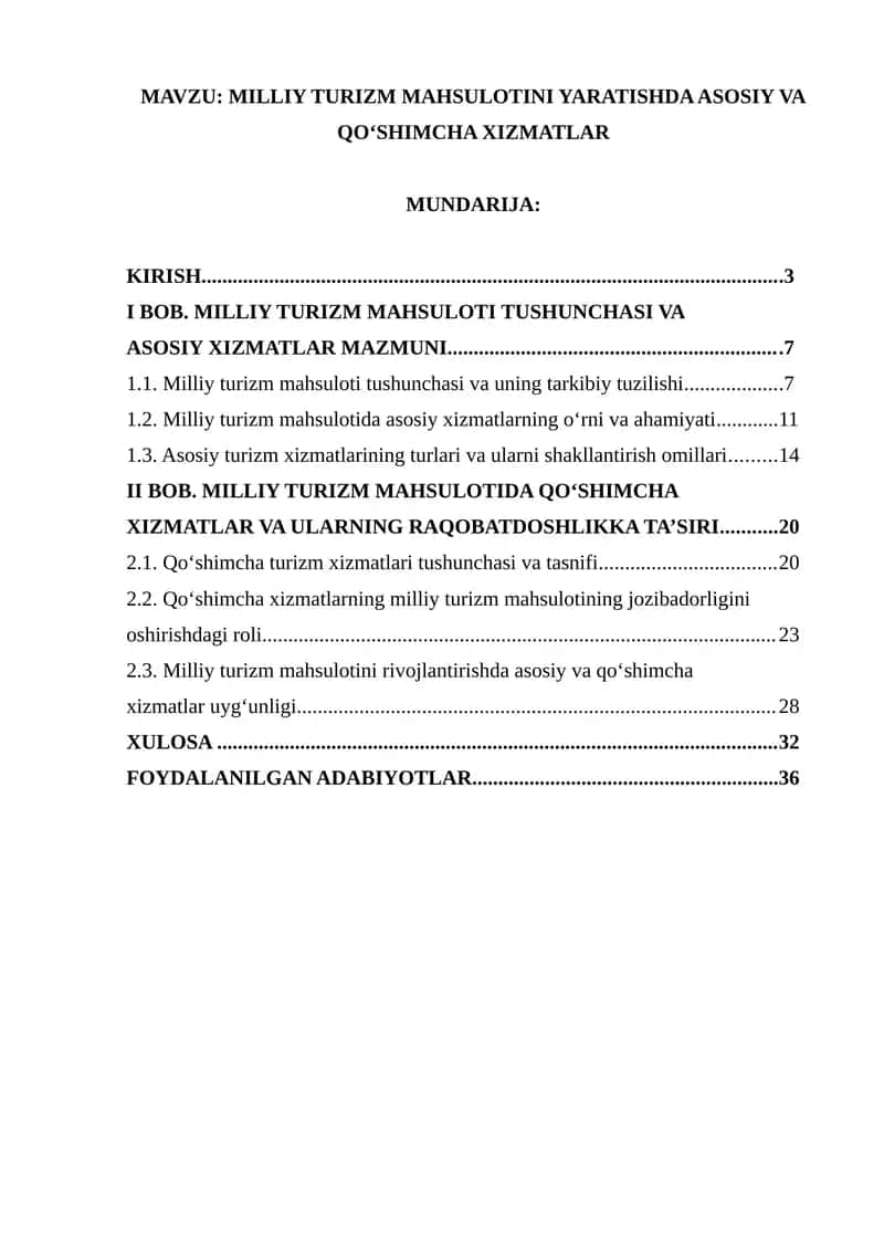 MILLIY TURIZM MAHSULOTINI YARATISHDA ASOSIY VA QOʻSHIMCHA XIZMATLAR 1
