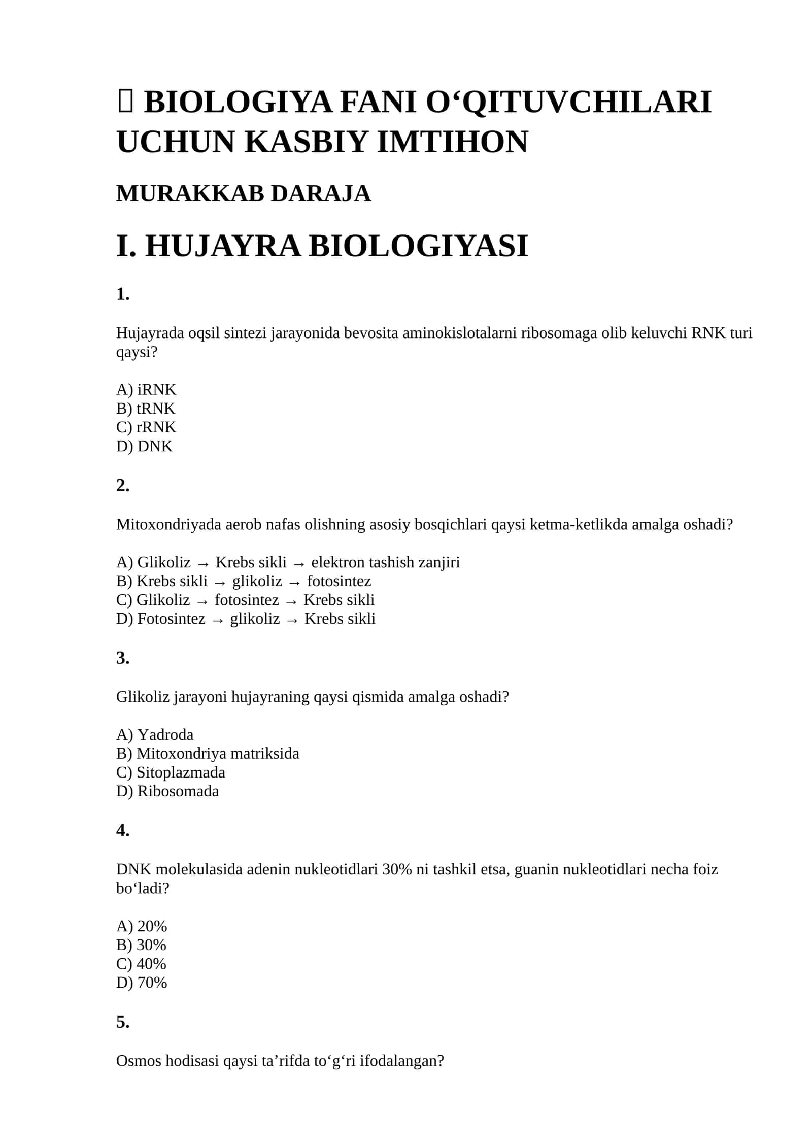 BIOLOGIYA FANI O‘QITUVCHILARI UCHUN KASBIY IMTIHON 1