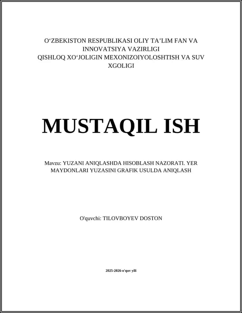 YUZANI ANIQLASHDA HISOBLASH NAZORATI 1