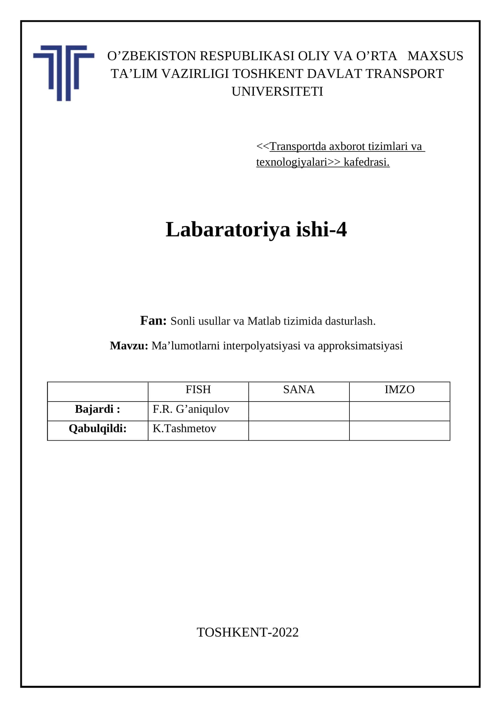 Ma’lumotlarni interpolyatsiyasi va approksimatsiyasi 1