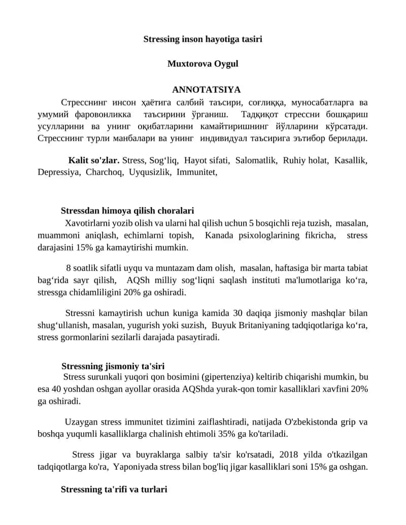 Stressing inson hayotiga tasiri 1