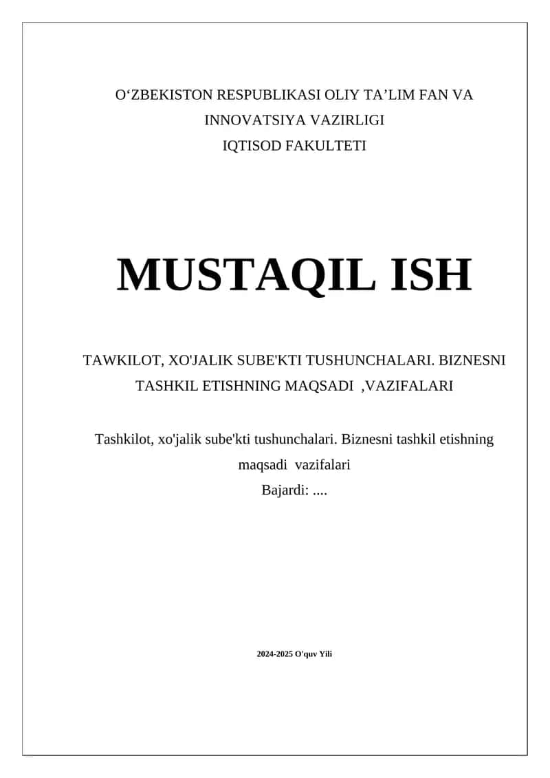 Tawkilot, xo'jalik sube'kti tushunchalari va biznes tashkil etish 1