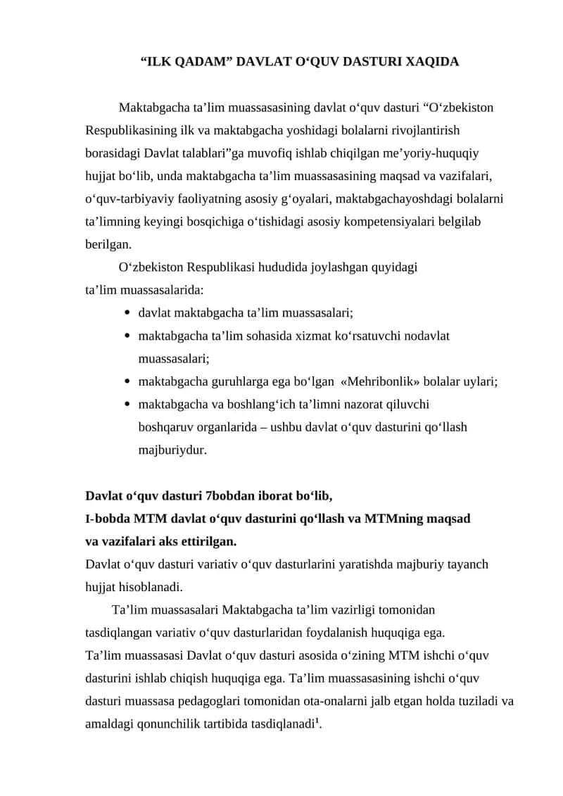 ILK QADAM DAVLAT O‘QUV DASTURI 1