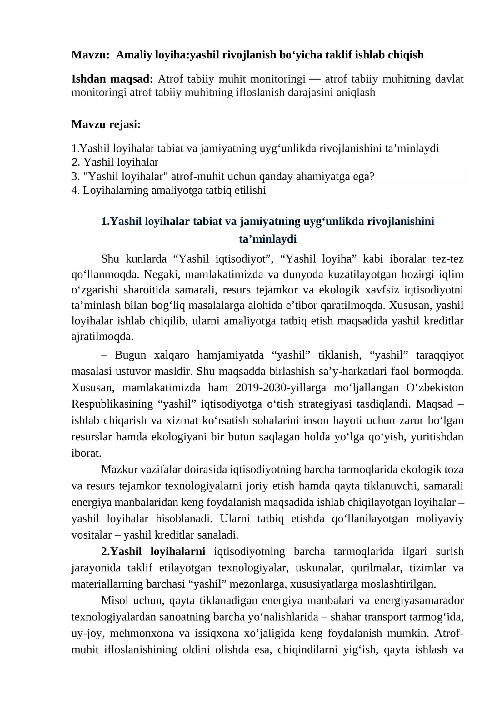 Amaliy loyiha:yashil rivojlanish boʻyicha taklif ishlab chiqish 1