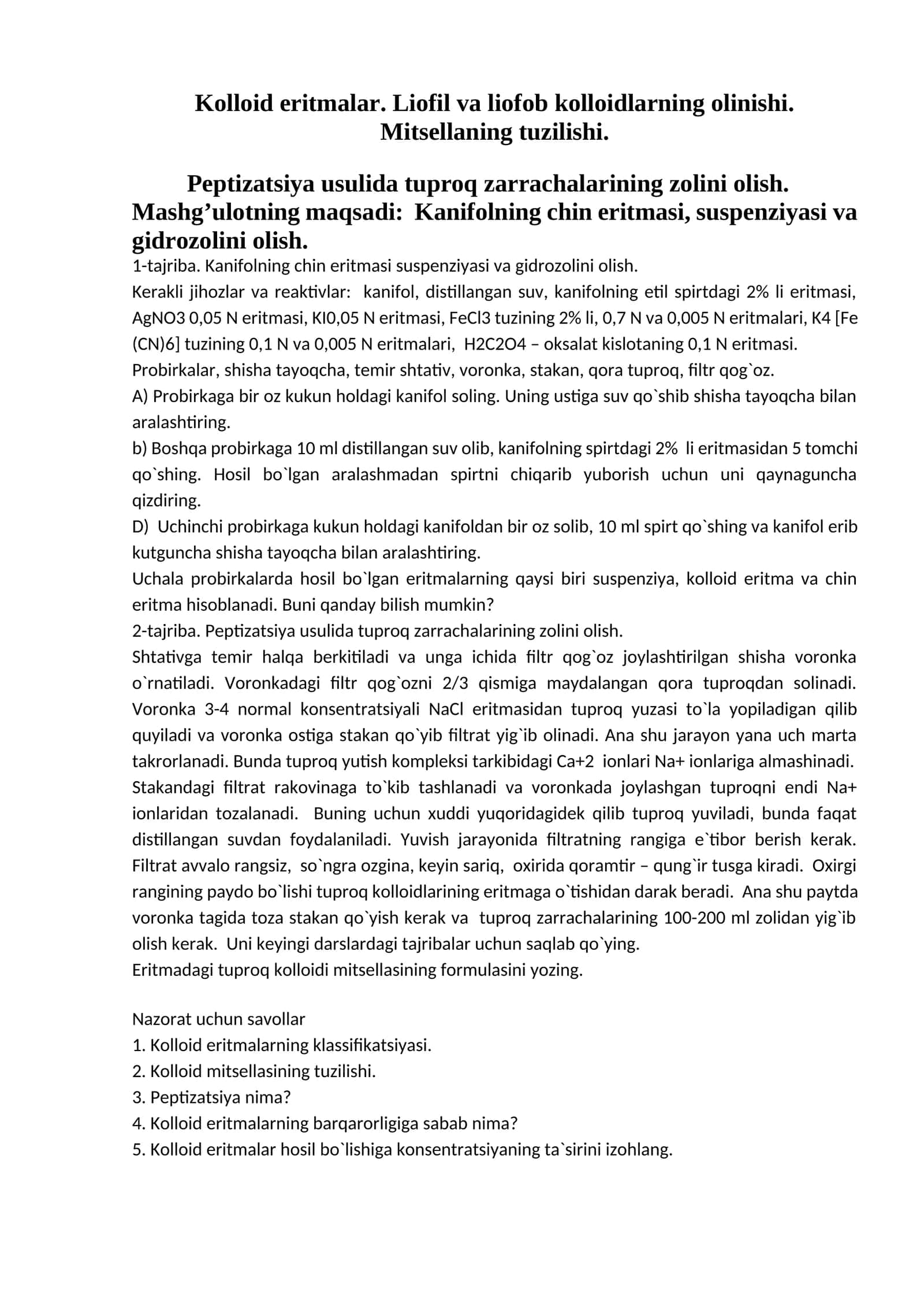 Kolloid eritmalar. Liofil va liofob kolloidlarning olinishi 1