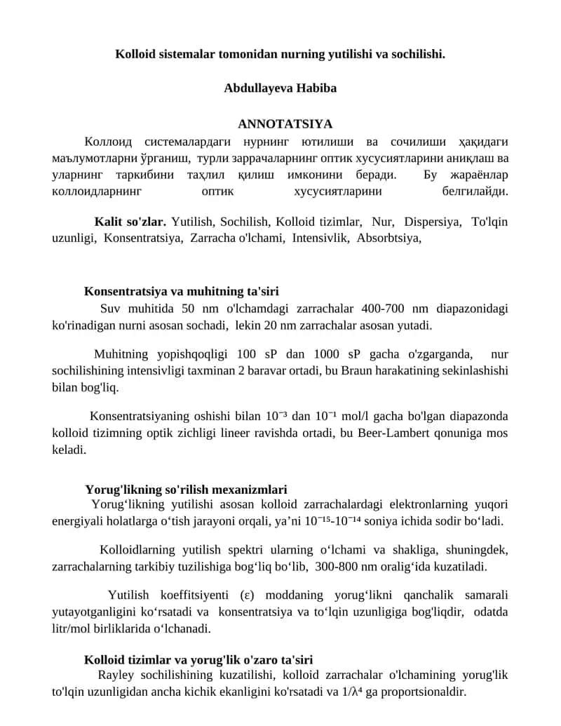 Kolloid Tizimlar va Nurlarning Yutilishi 1