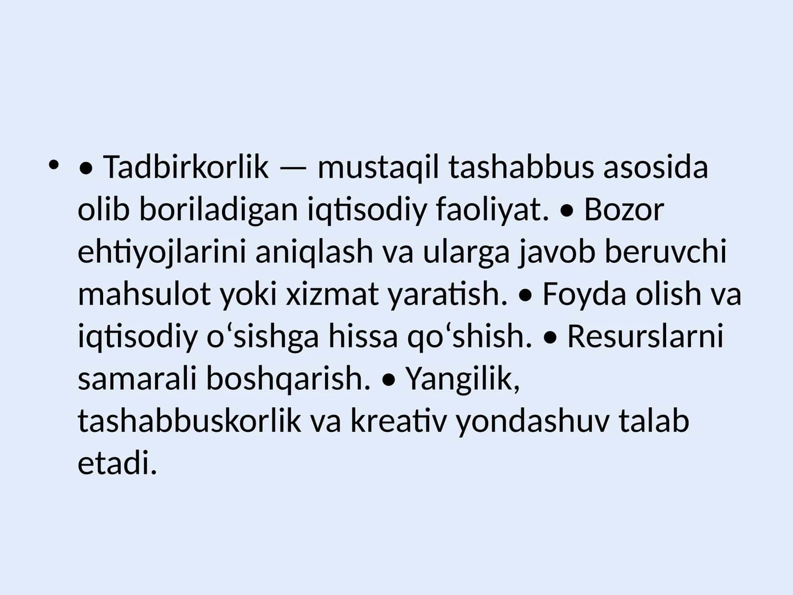 Tadbirkorlikning Asosiy Belgilari 1