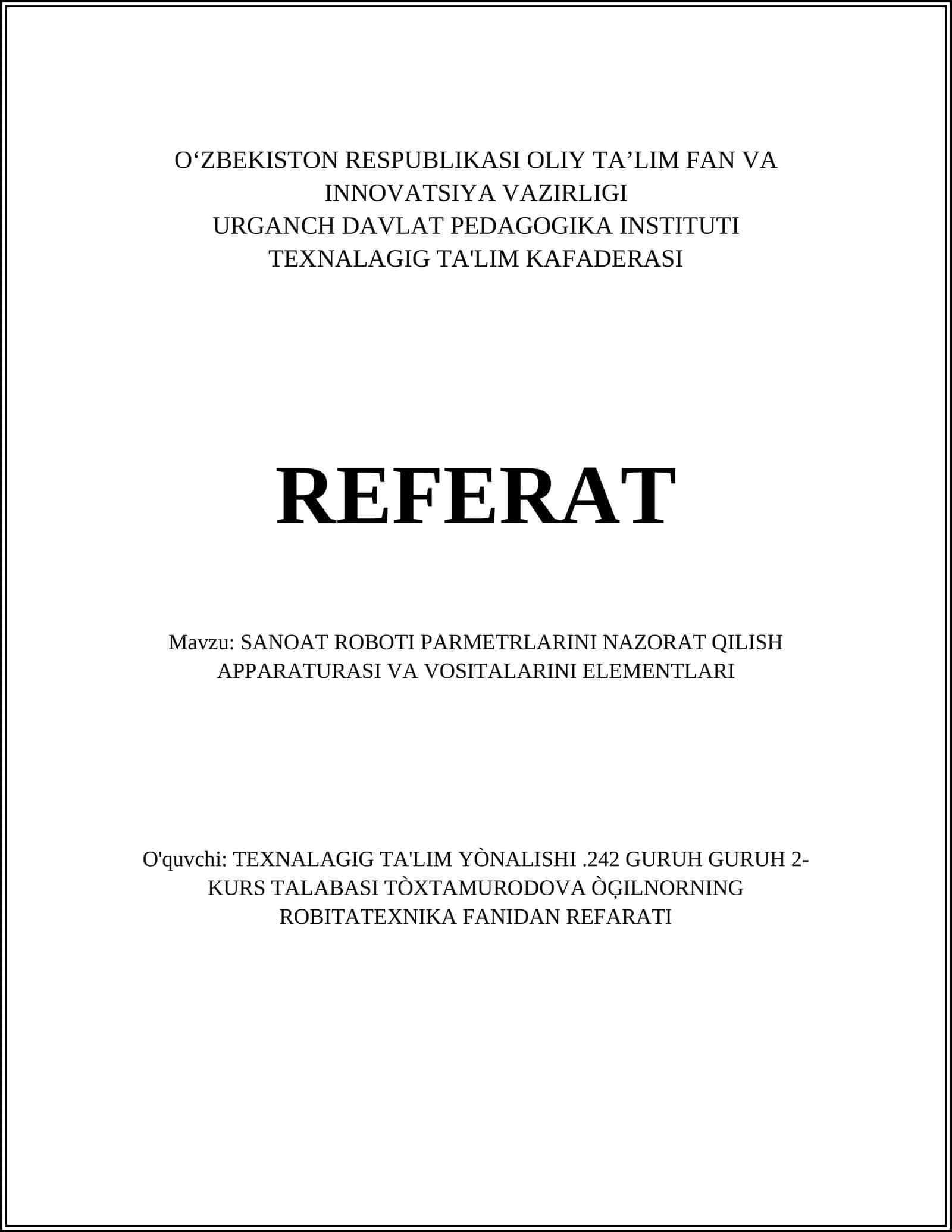 Sanoat Roboti Parmetrlarini Nazorat Qilish Apparaturasi va Vositalarini Elementlari 1
