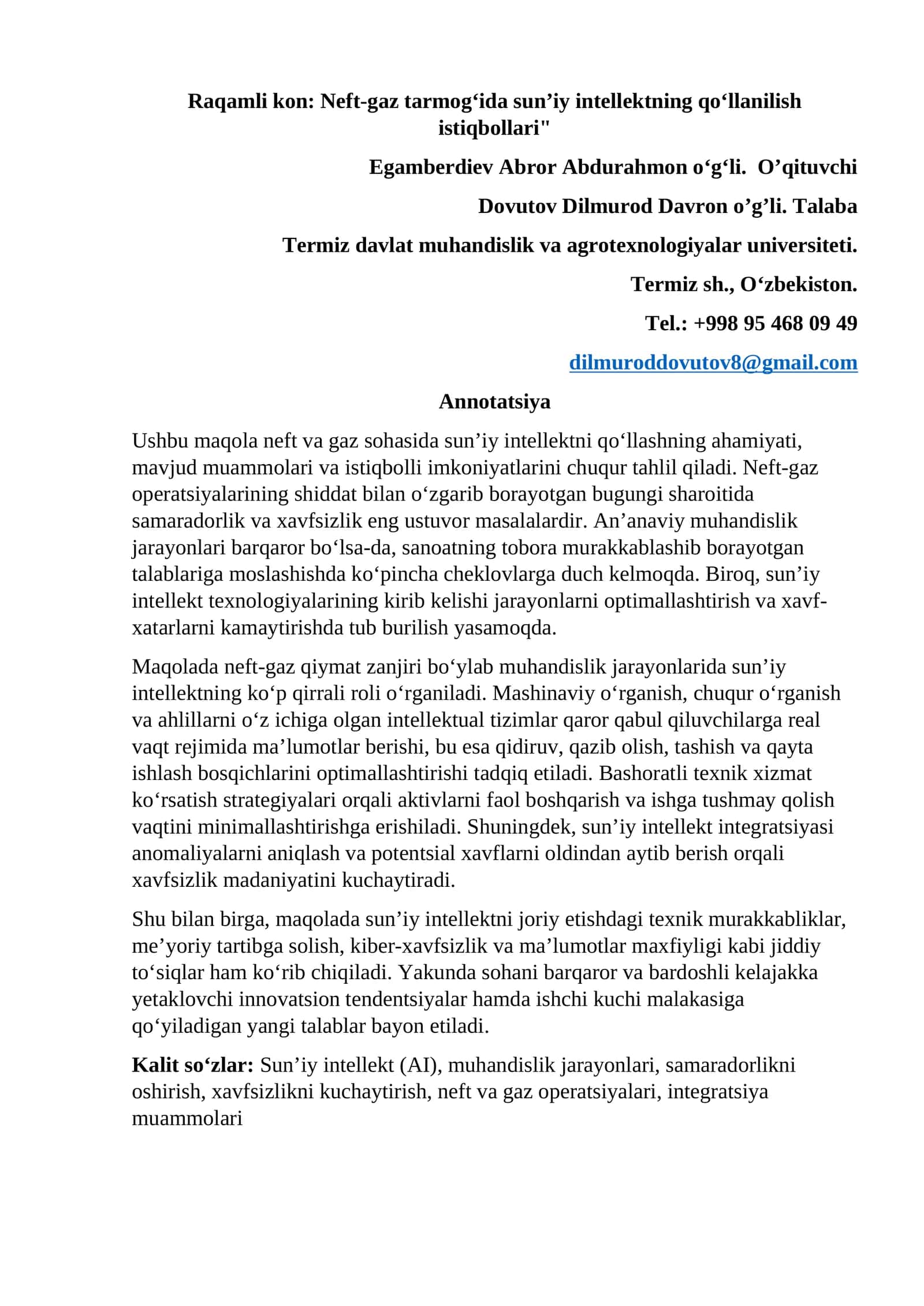 Neft-gaz tarmog‘ida sun’iy intellektning qo‘llanilish istiqbollari" 1