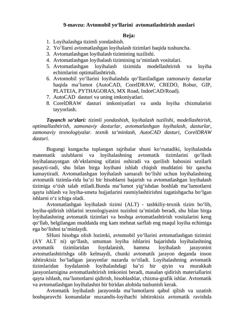 Avtomobil yo‘llarini avtomatlashtirish asoslari 1