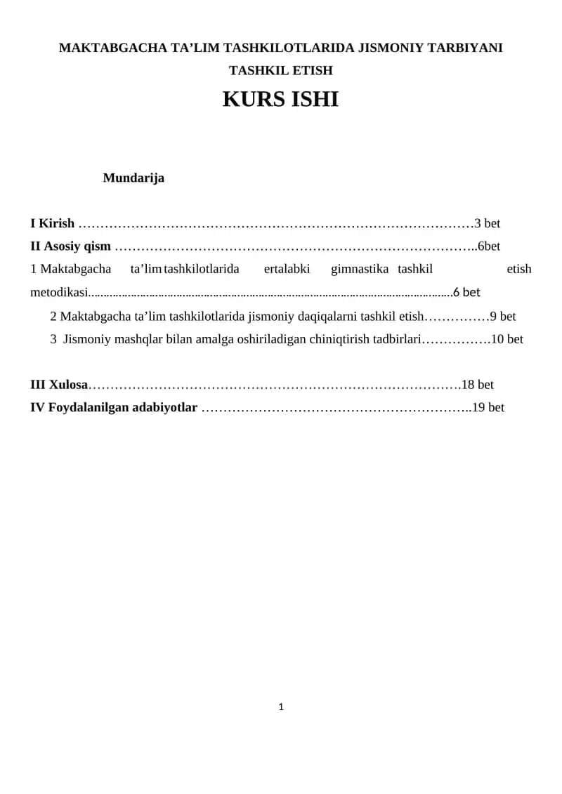 MAKTABGACHA TA’LIM TASHKILOTLARIDA JISMONIY TARBIYANI TASHKIL ETISH KURS ISHI 1